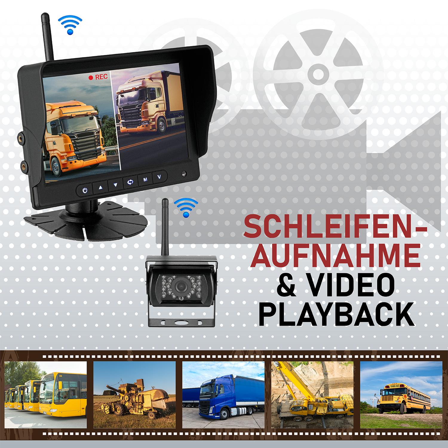 Ein Bildschirm zeigt die Ansicht eines Lastwagens mit Text: Schleifenaufnahme & Video Playback. Fahrzeugbilder unten.