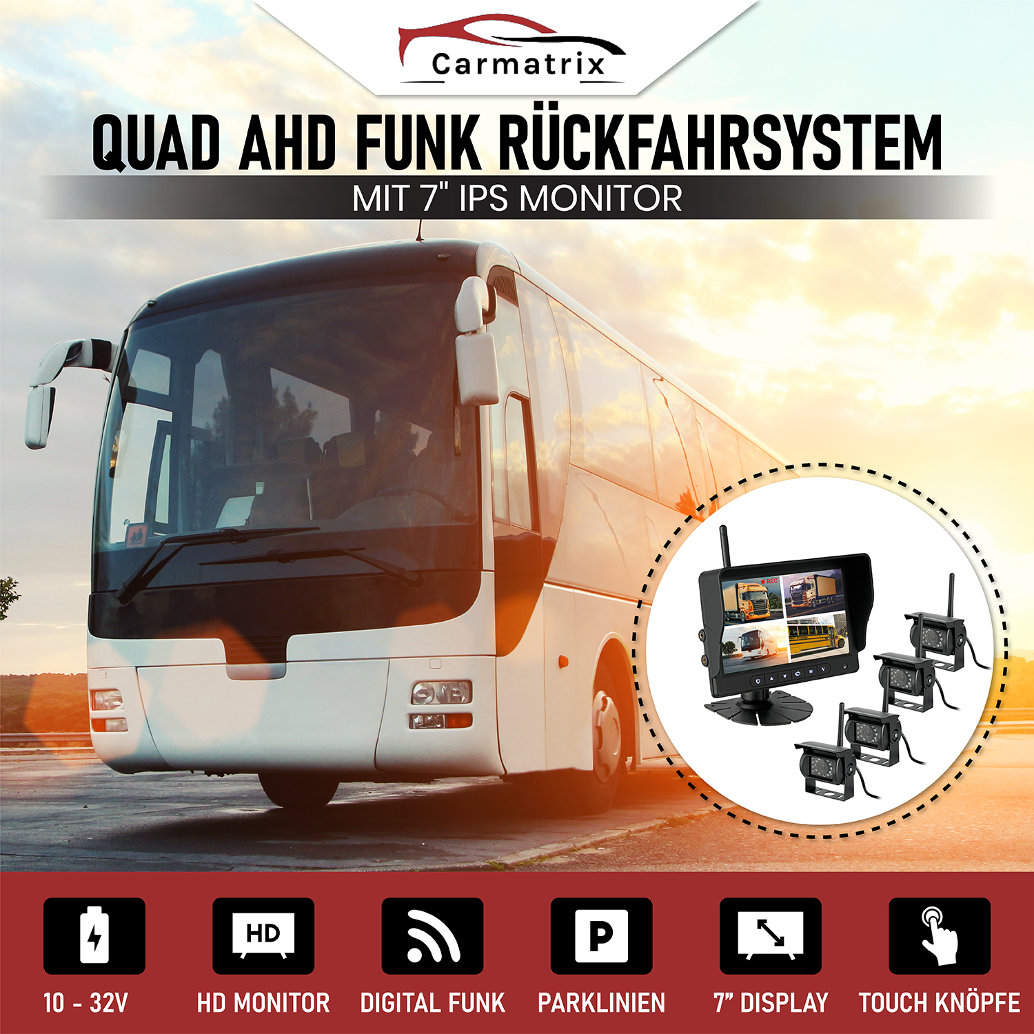 Ein weißer Bus mit Rückfahrkamerasystem. Ein Monitor und mehrere Kameras werden angezeigt.