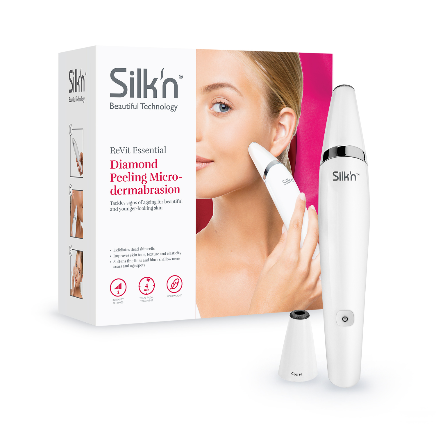 Frau benutzt weißes Hautpflegegerät neben der Produktbox. Box enthält Produktbeschreibung.