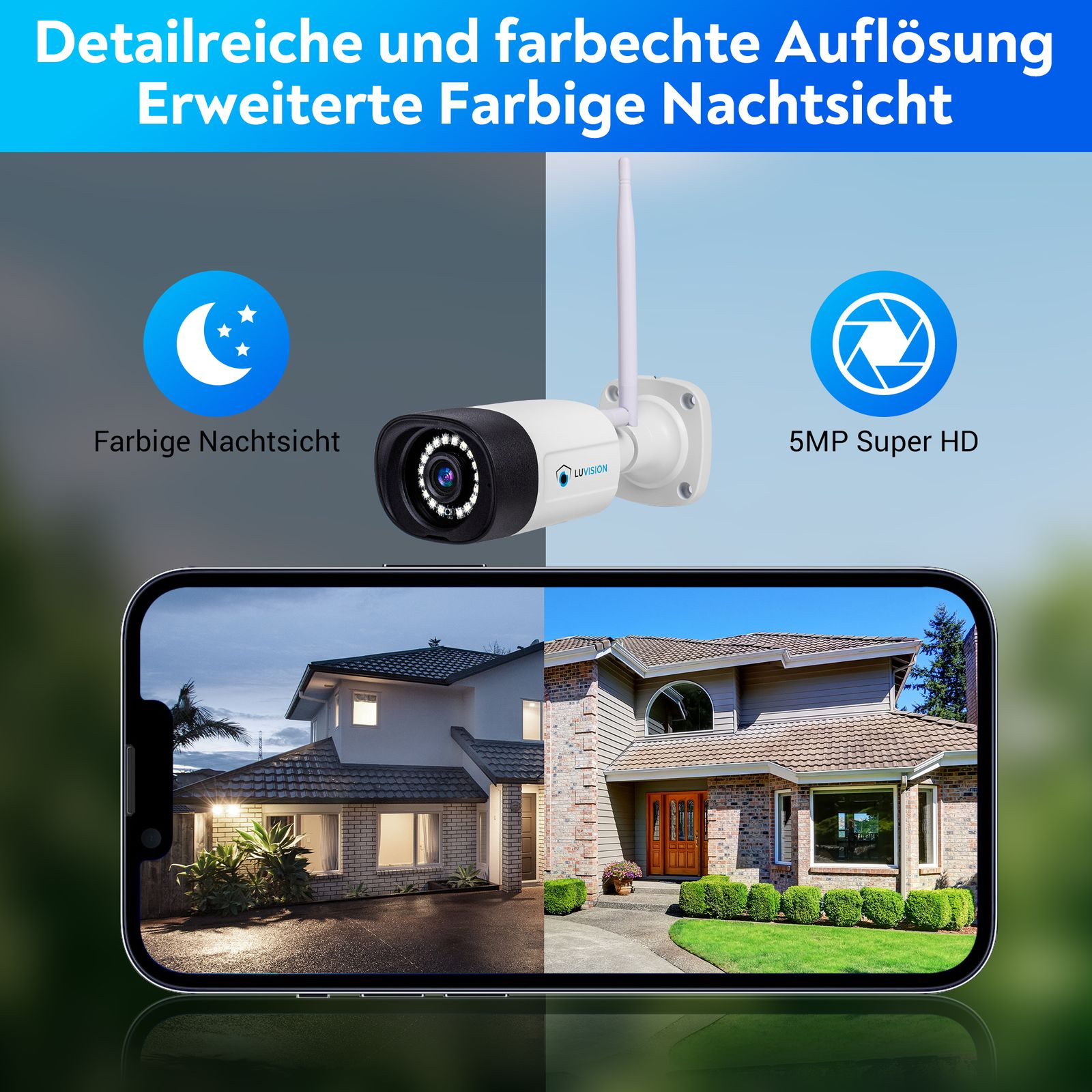 Überwachungskamera zeigt Hausansicht auf Telefonbildschirm, mit blauem Himmel als Hintergrund.