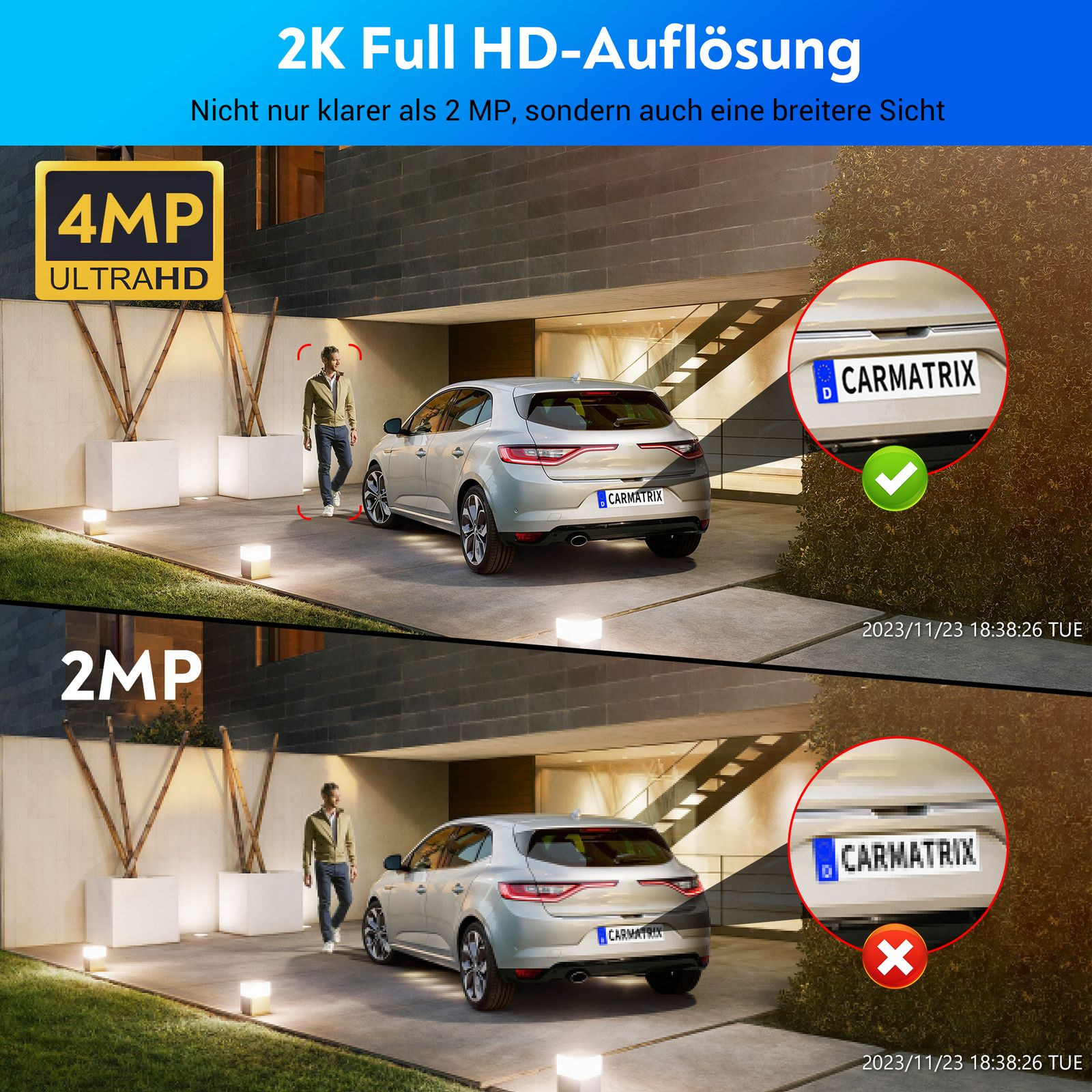 Vergleichsbilder von Autokennzeichen mit Haken und X.