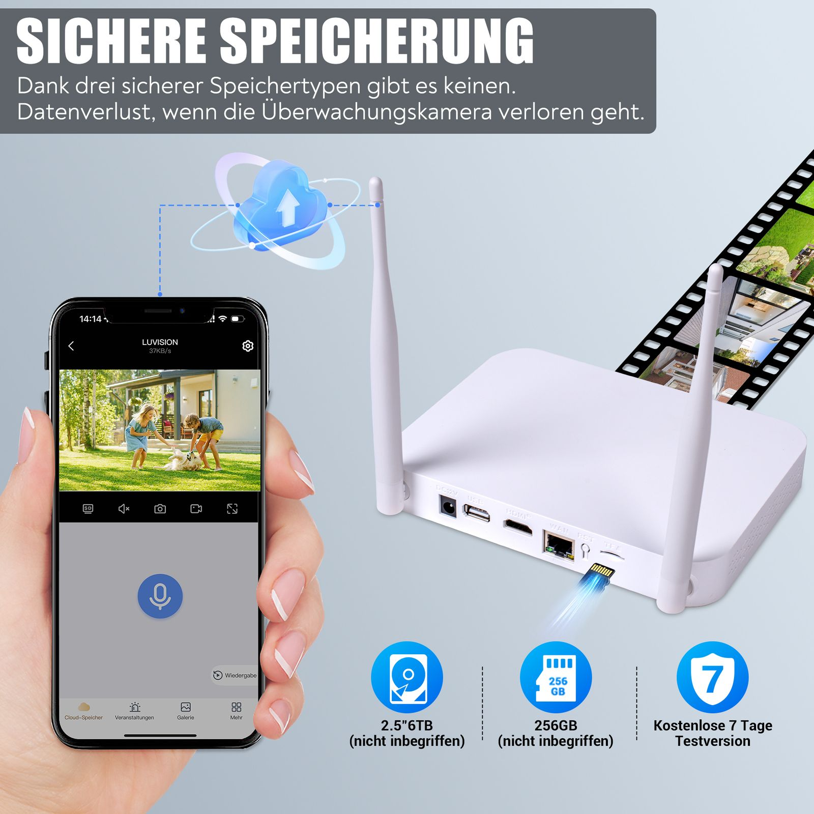 Hand, die Smartphone mit Home-Security-App hält. Weißer Router mit Antennen und Datenspeicher-Symbolen.