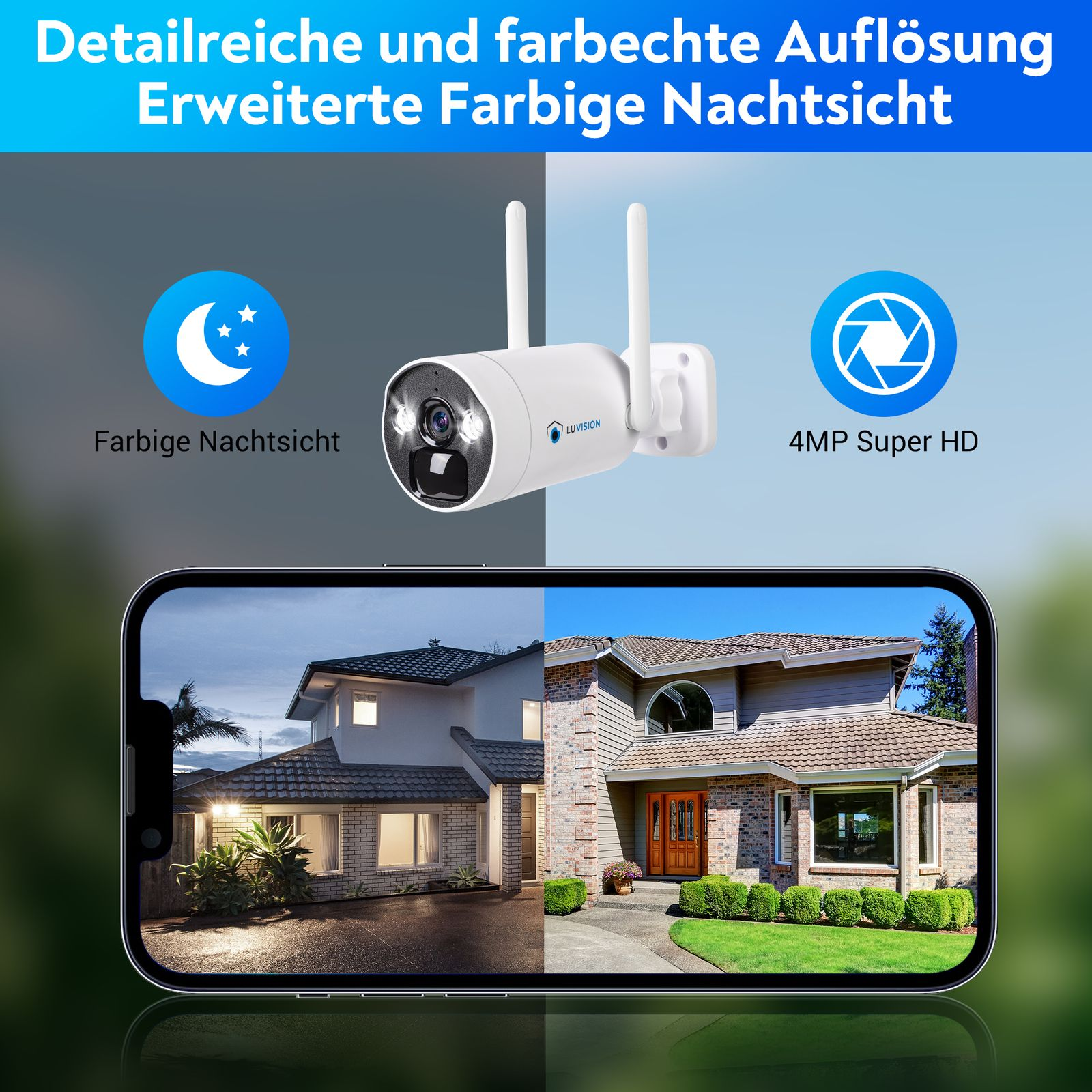 Überwachungskamera mit Nachtsicht und ein Haus an einem sonnigen Tag. Das Telefon zeigt Nacht- und Tagansichten.