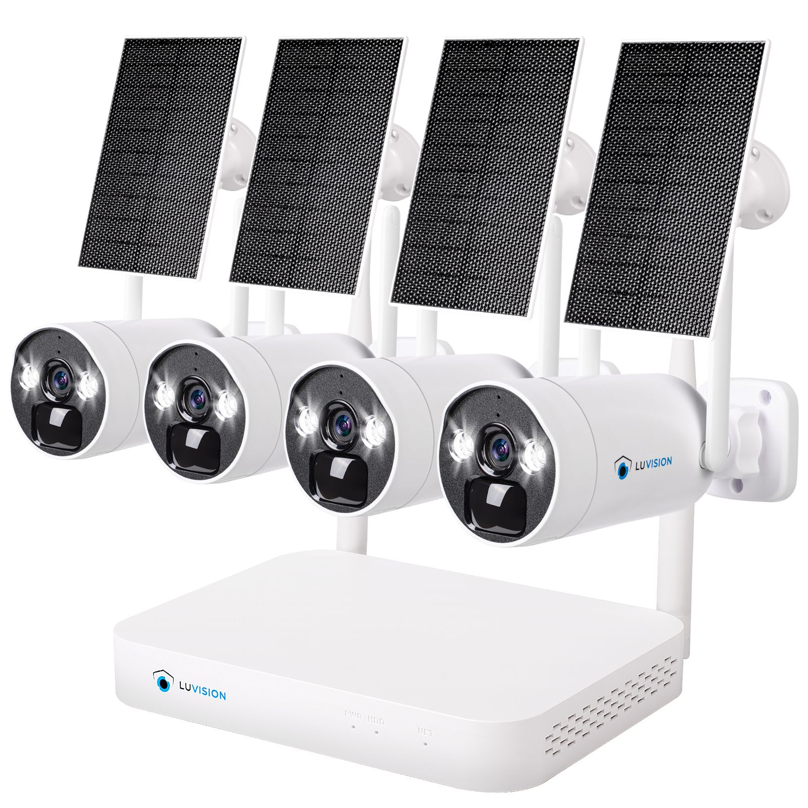 Weiße Luvision Überwachungskameras und Solarpanels. Vier Kameras, weiße Basis.