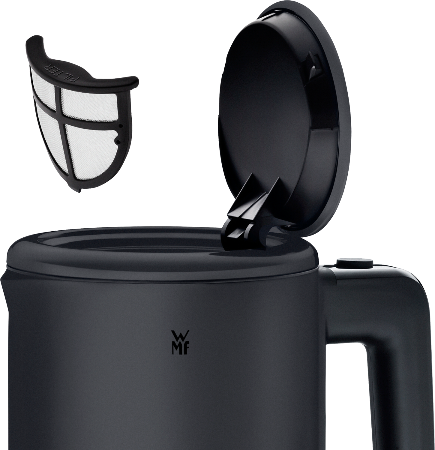 Czarny czajnik z otwartą pokrywką, osobny filtr.