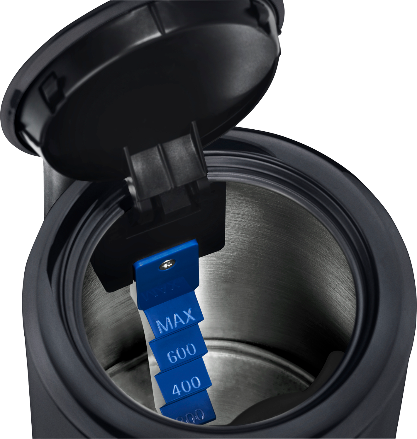 Zbliżenie wnętrza czarnego czajnika, pokazujące niebieski wskaźnik temperatury.