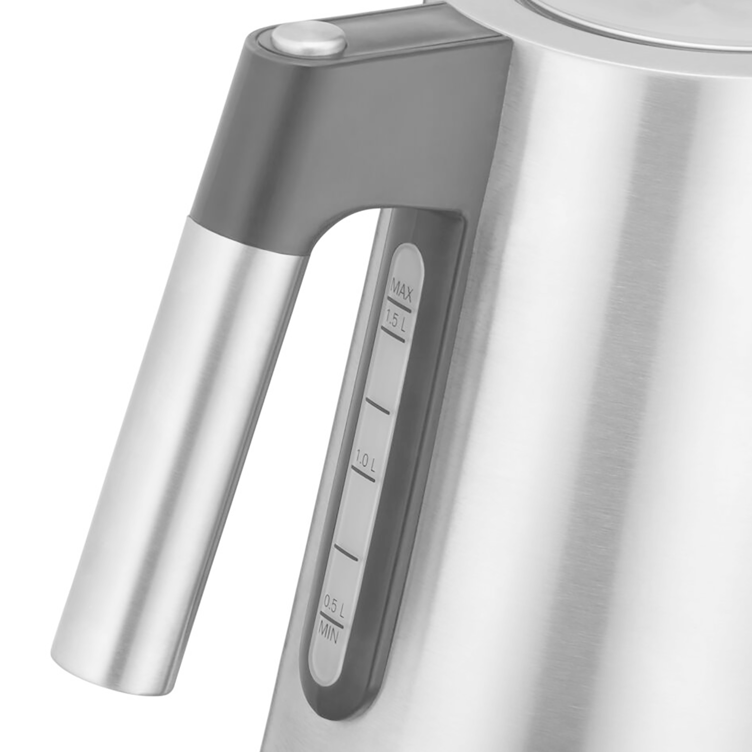 Zbliżenie uchwytu i wskaźnika poziomu wody metalowego czajnika. Uchwyt jest szary.