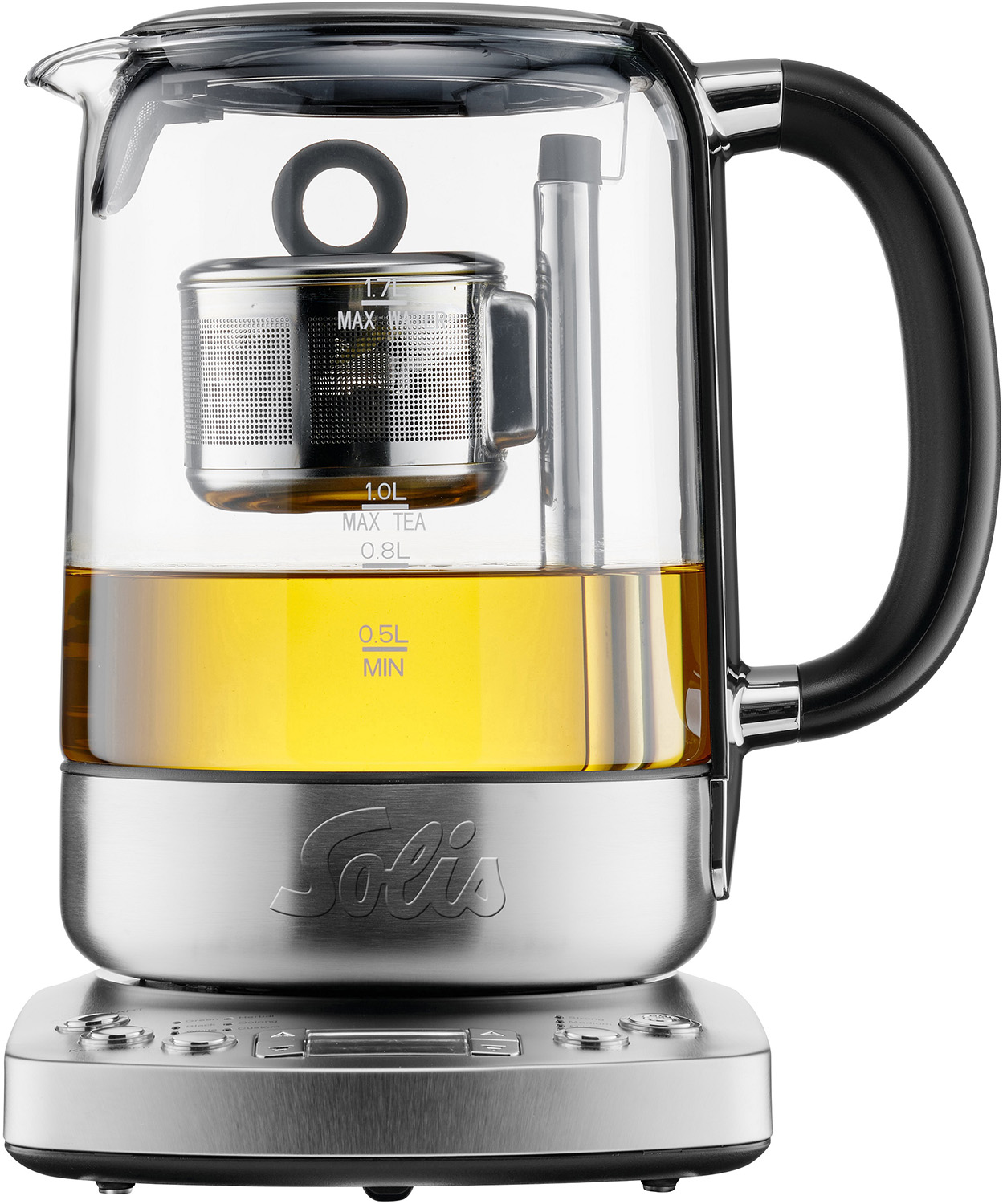 Gläserner Teekessel mit Edelstahlbasis, Tee-Infuser und schwarzem Griff.