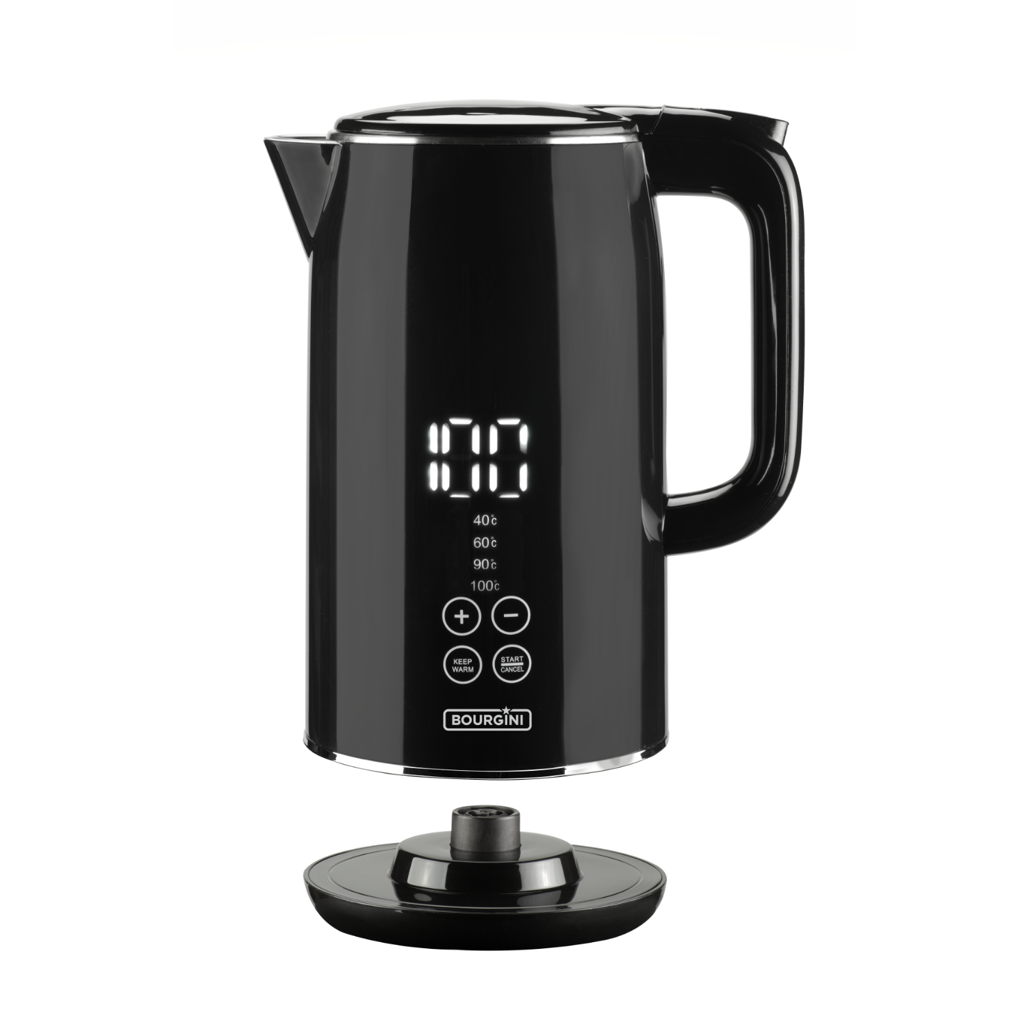 A black electric kettle with a digital display showing 100. The kettle sits on its base.