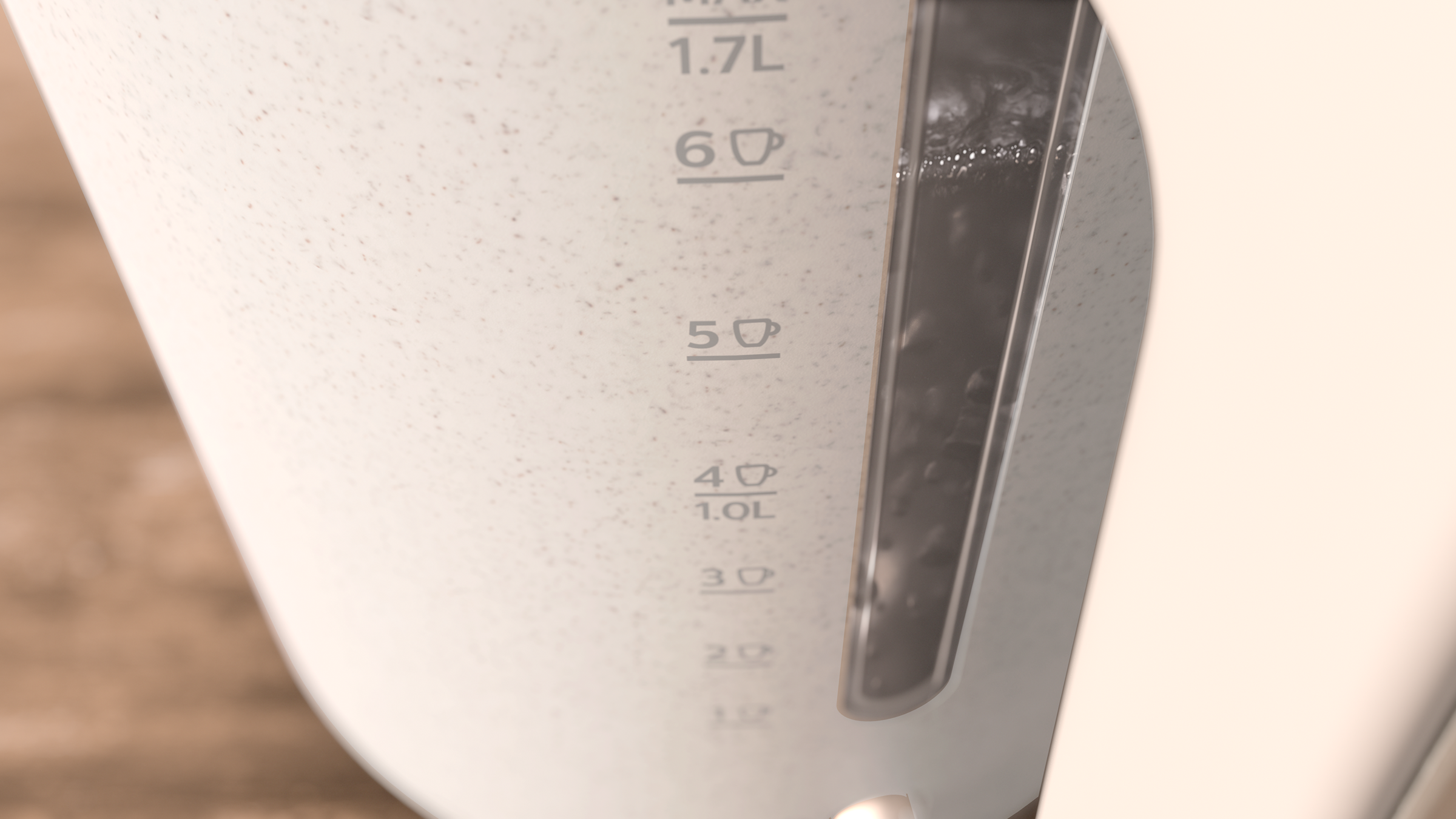 Biały czajnik ze wskaźnikami poziomu wody, pokazujący poziom wody.