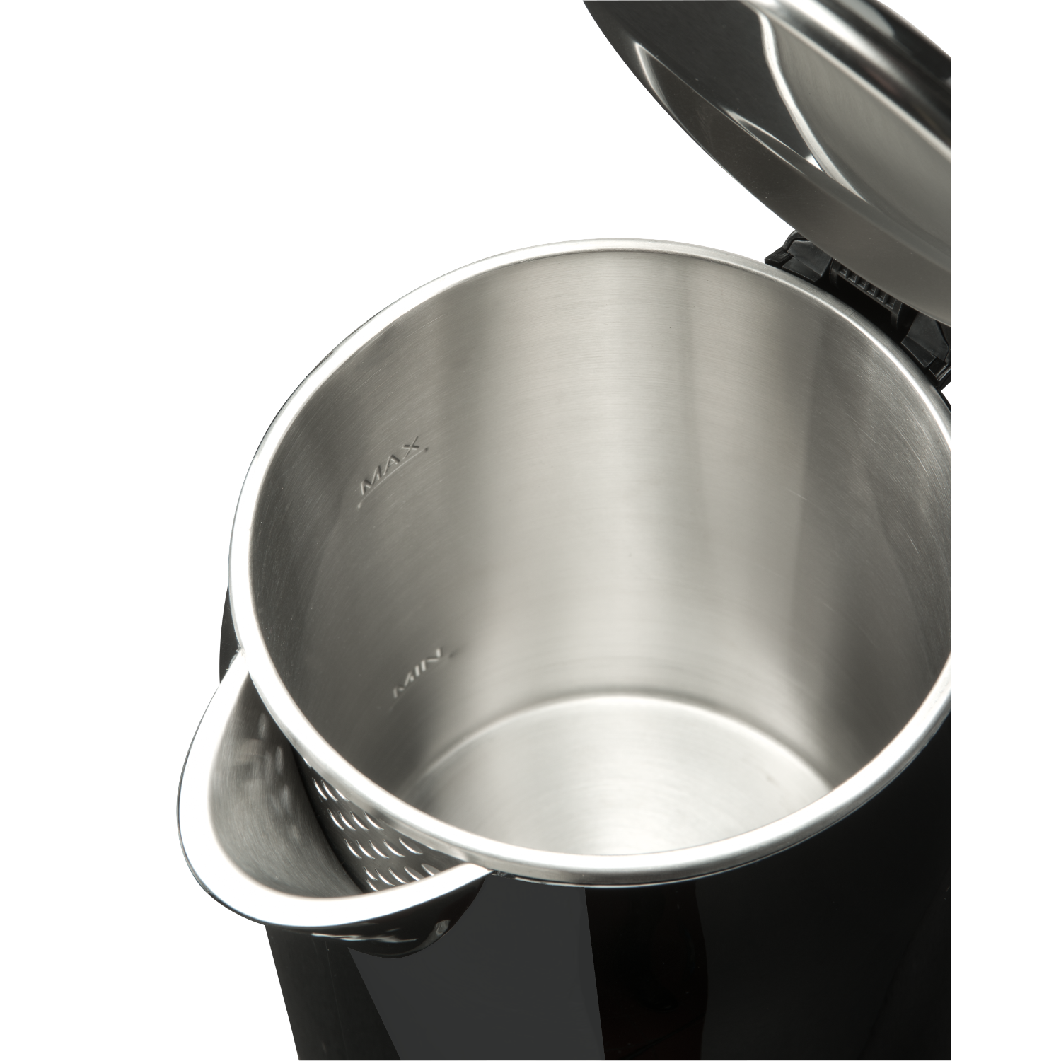 Close-up of a black electric kettle's interior. The inside is silver, and the handle is on the side.