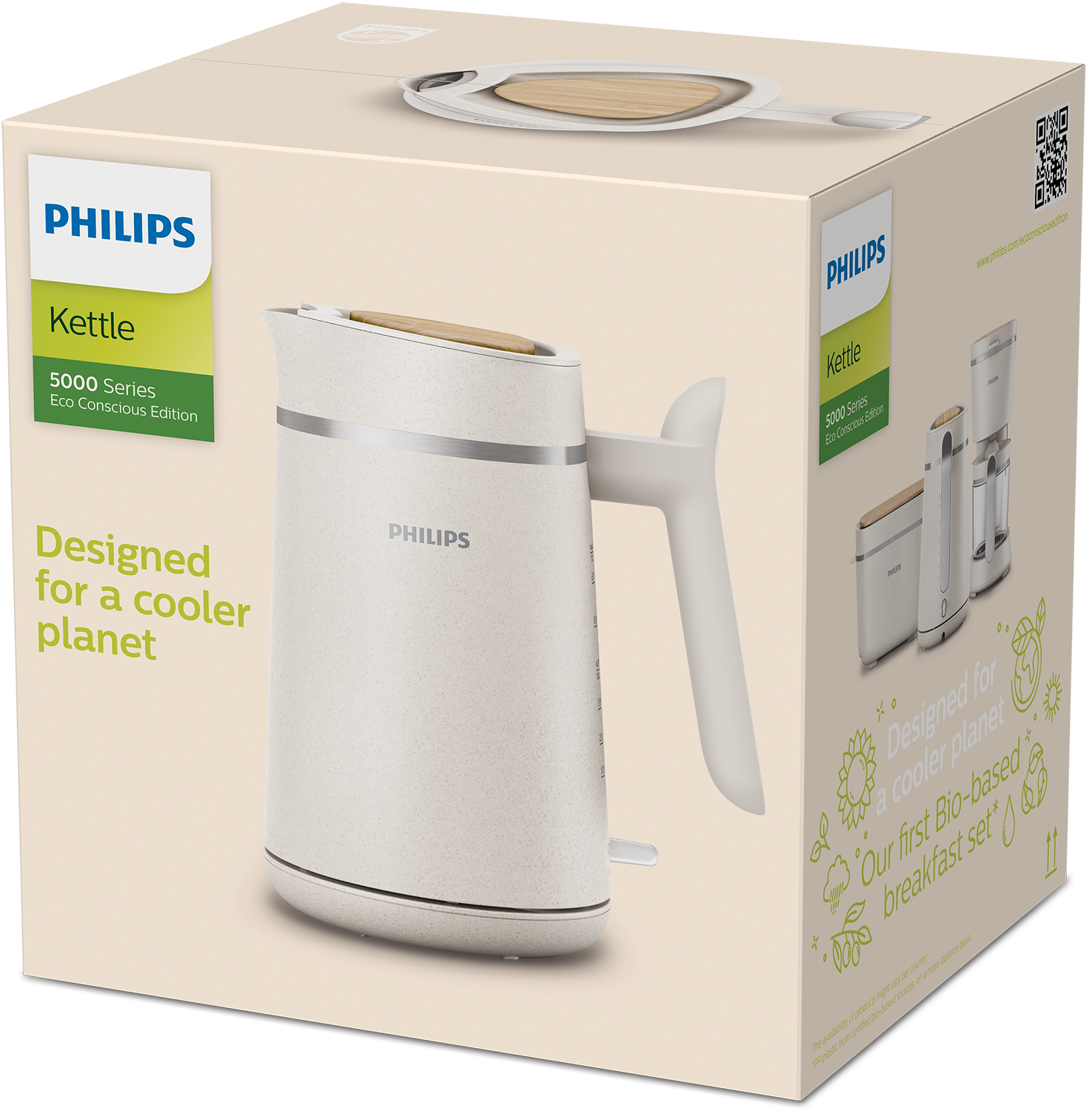 Biały czajnik Philips na pudełku. Ma biały uchwyt i drewnianą górę. Pudełko zawiera tekst o produkcie.