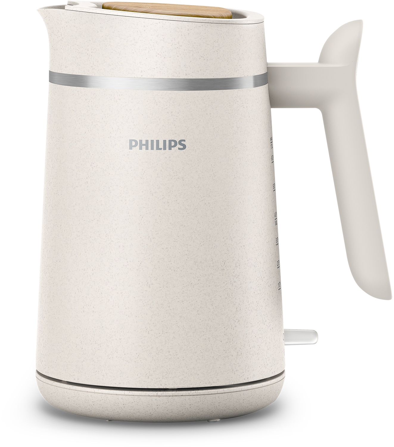 Biały czajnik elektryczny z drewnianym wierzchem i uchwytem. Ma srebrny pasek.
