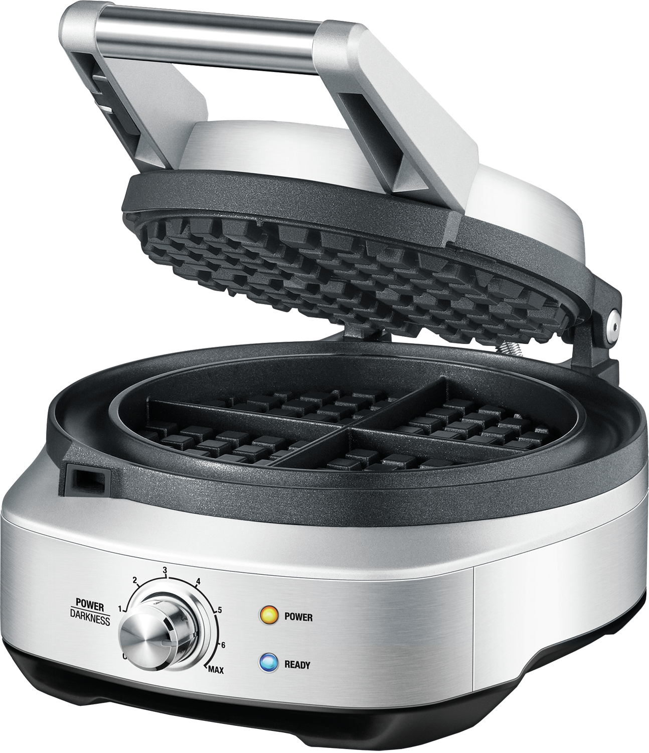 Gofrownica, otwarta, z obudową ze stali nierdzewnej i czarnym wnętrzem.