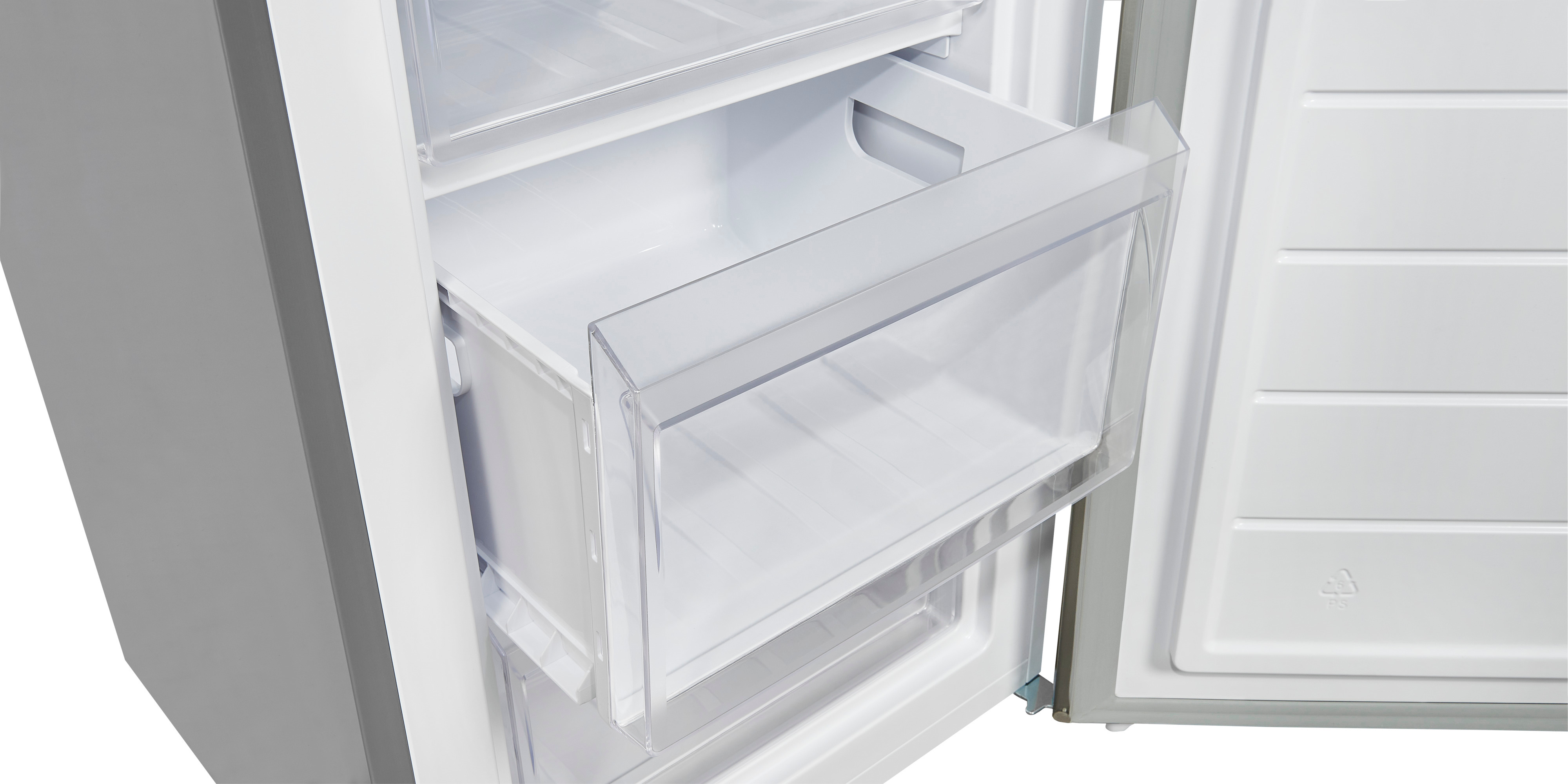 Primer plano del cajón del congelador de un refrigerador. El cajón es transparente y está extraído, revelando el interior.