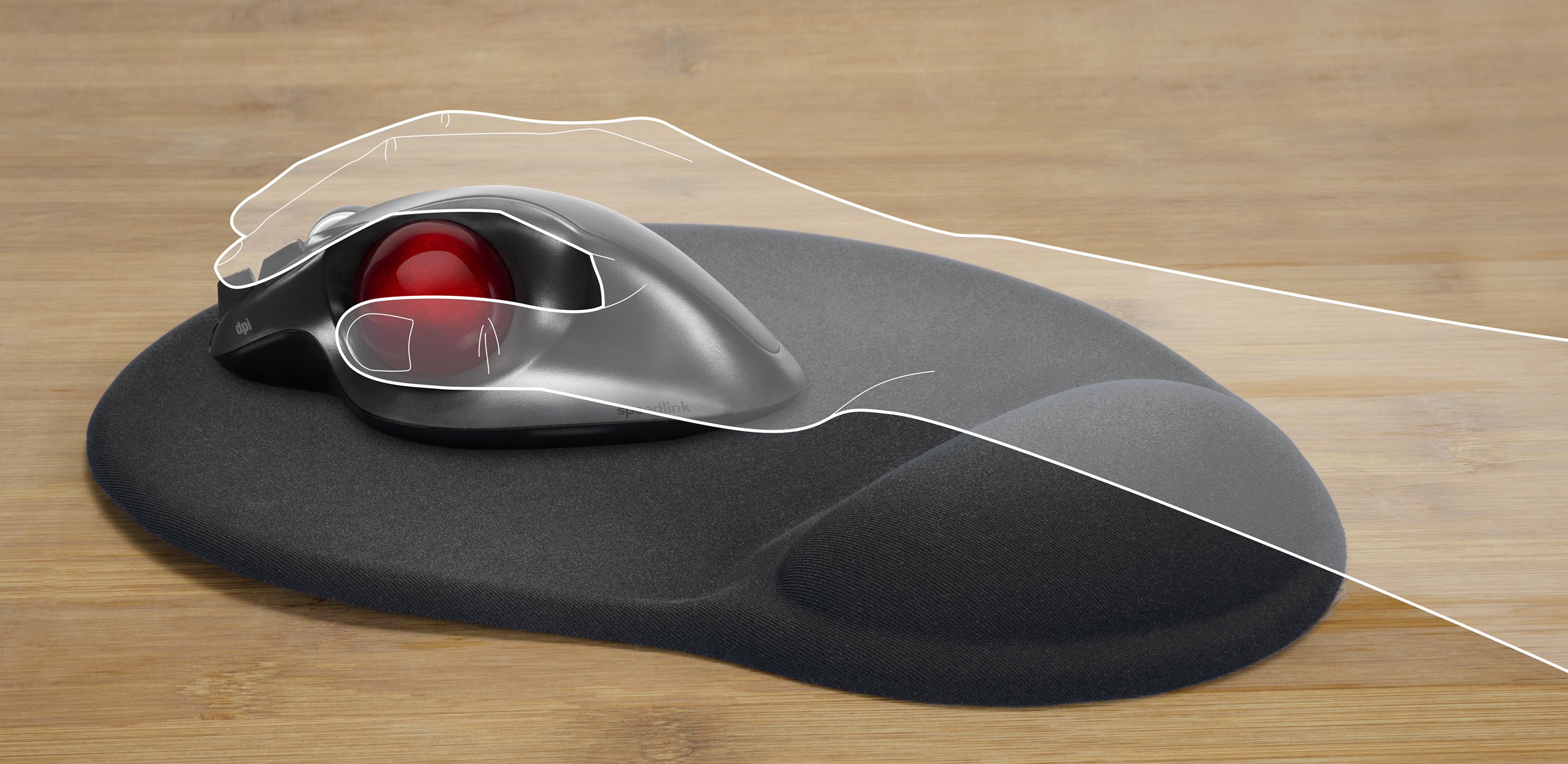 Eine schwarze Trackball-Maus auf einem schwarz-grauen Mousepad mit roter Kugel.