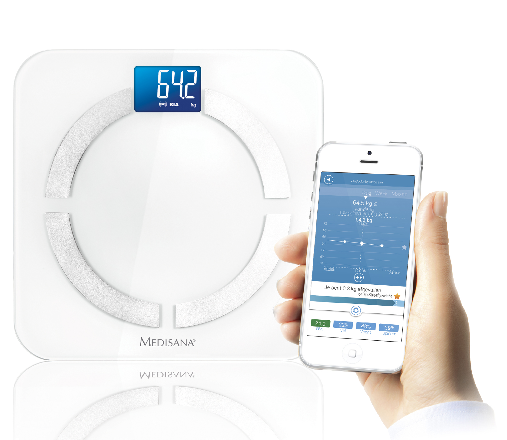 Biała waga łazienkowa z telefonem pokazującym aplikację do śledzenia wagi.