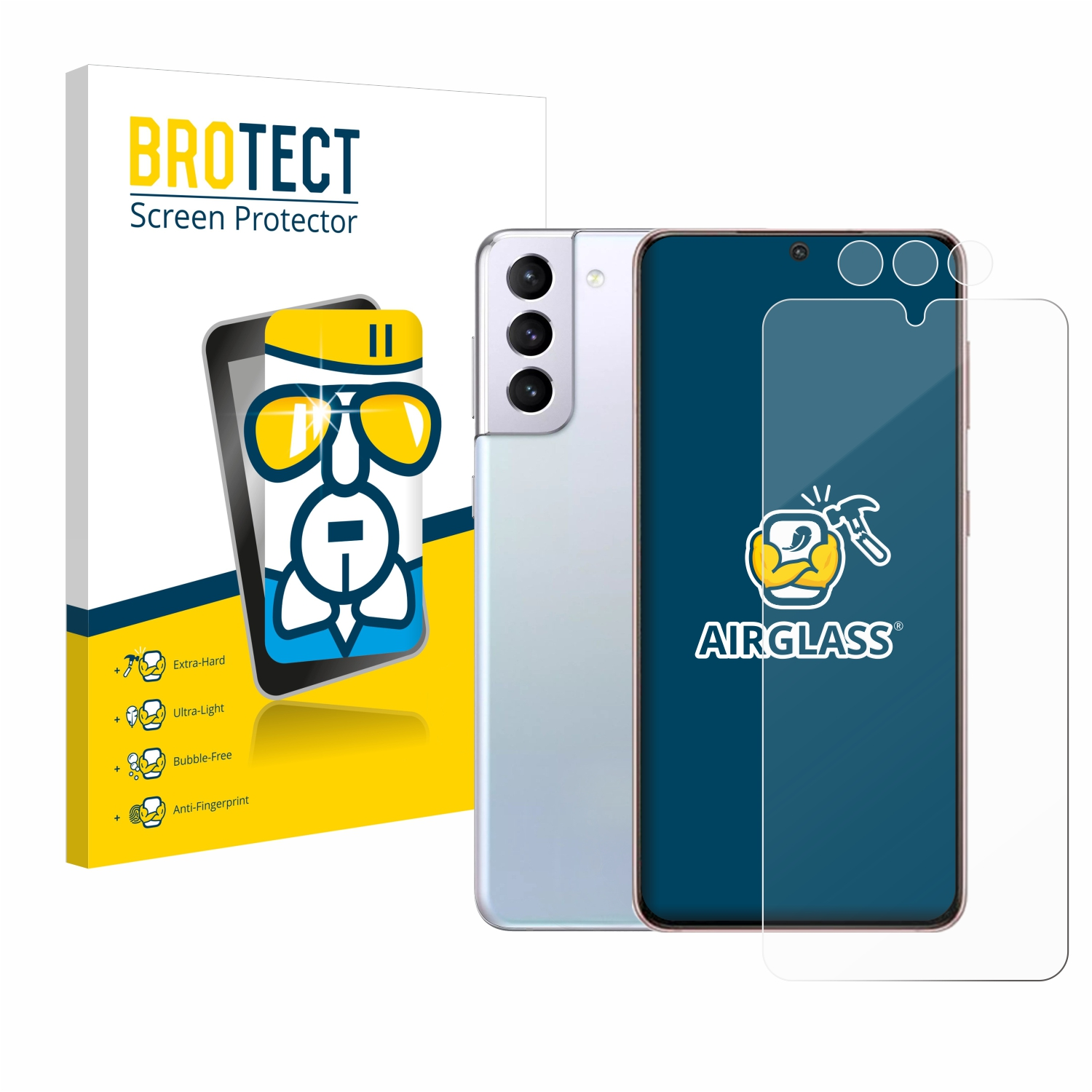 Silbernes Telefon, Displayschutz und Verpackung. Glasschutz. Weißer Hintergrund.