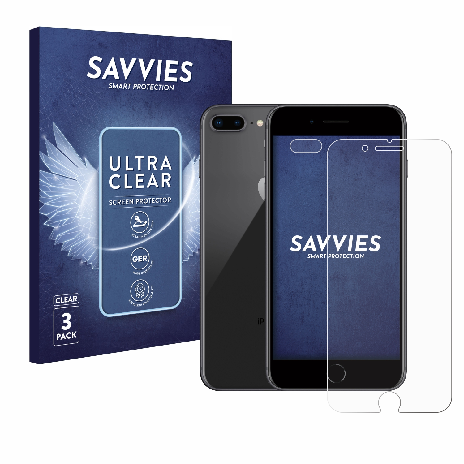 Smartphone, Displayschutzfolie und Box. Weißer Hintergrund.