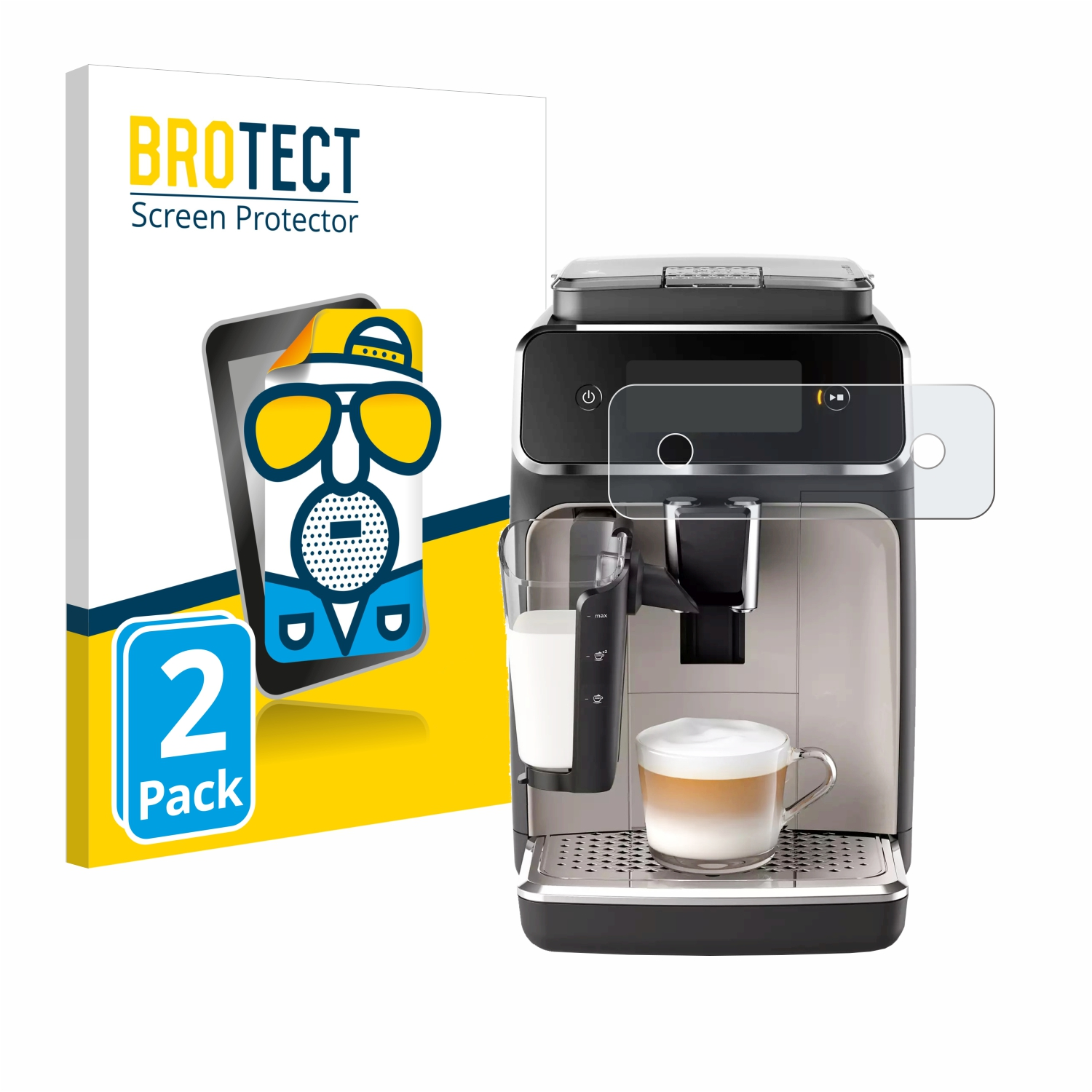 Eine Kaffeemaschine mit einem Glas Milch und einer Tasse Kaffee, mit einem Displayschutz.