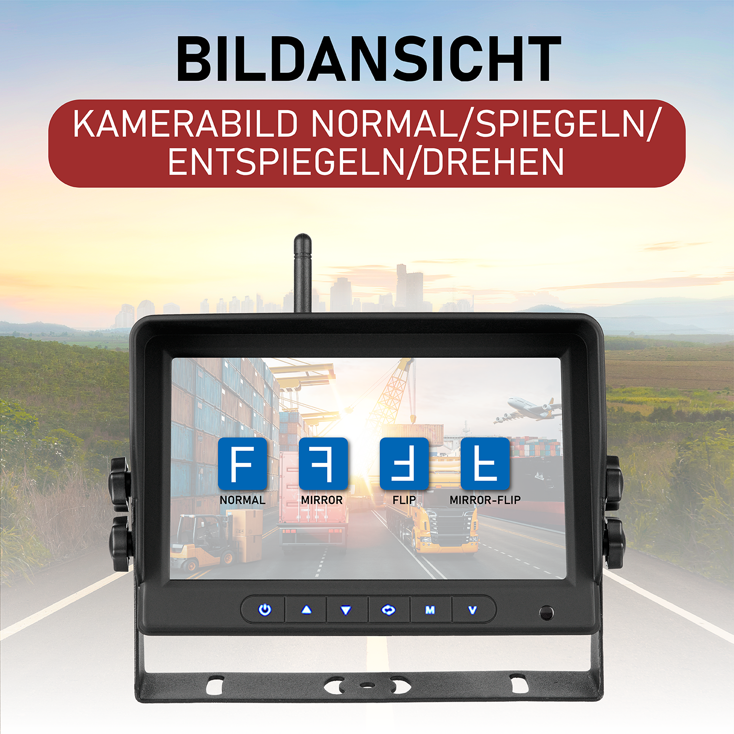 Ein Bildschirm, der Optionen anzeigt. Text: Spiegel, Normal, Flip und Spiegel-Flip. Hintergrund: Straße und Himmel.
