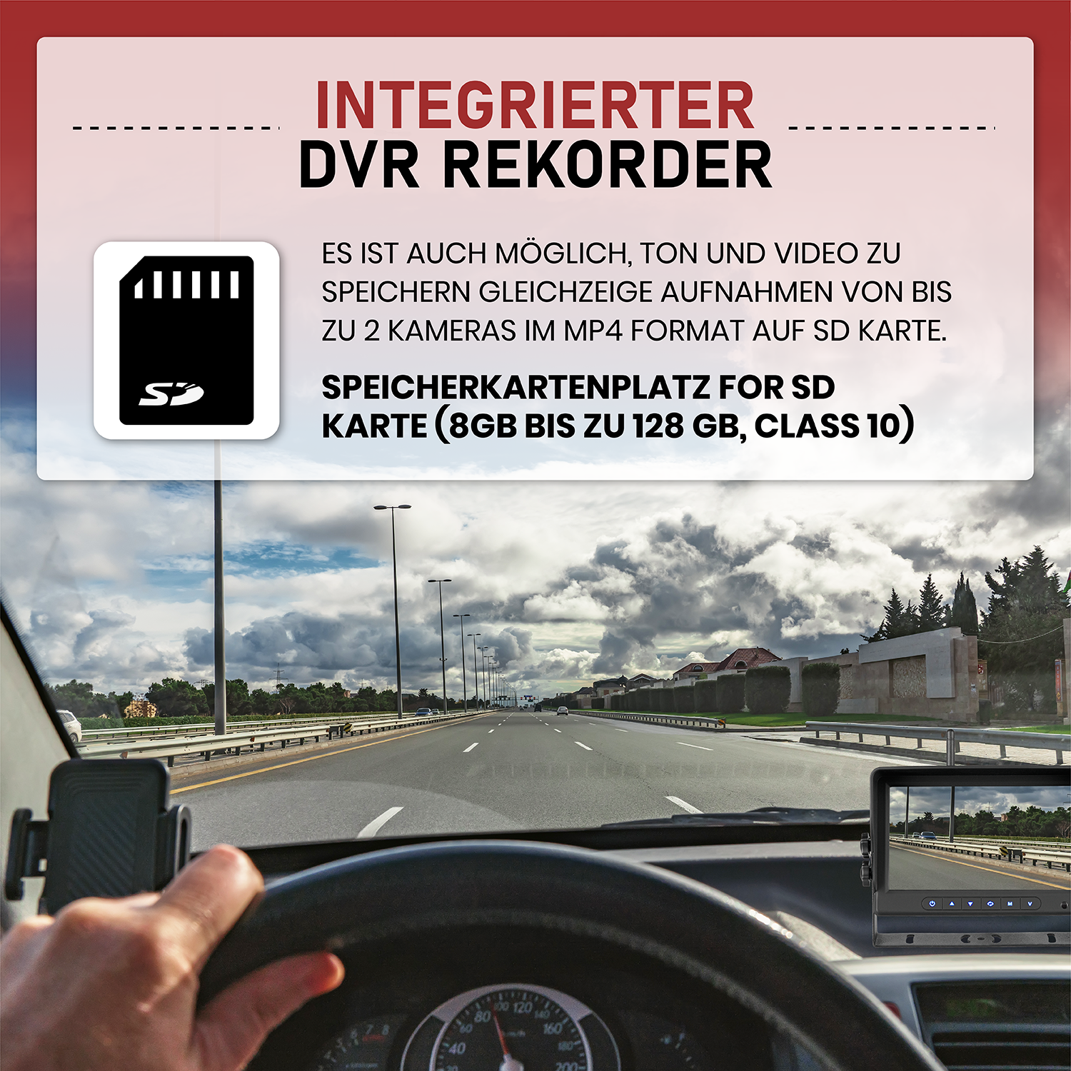 Armaturenbrettansicht eines Autos auf einer Autobahn mit Text über einen DVR-Rekorder.