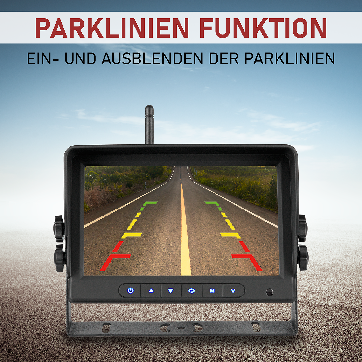 Auto-Monitor: Schwarzer Bildschirm zeigt Parklinien auf einer Straße mit Himmels-Hintergrund.