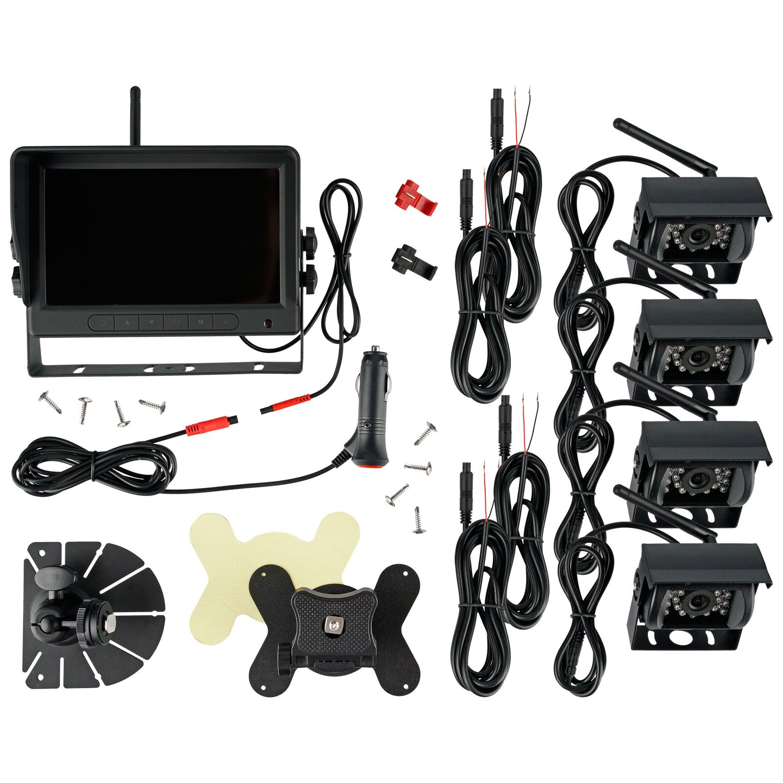 Eine Sammlung schwarzer Kameras, ein Monitor, Kabel und Montagezubehör werden auf weißer Oberfläche angezeigt.
