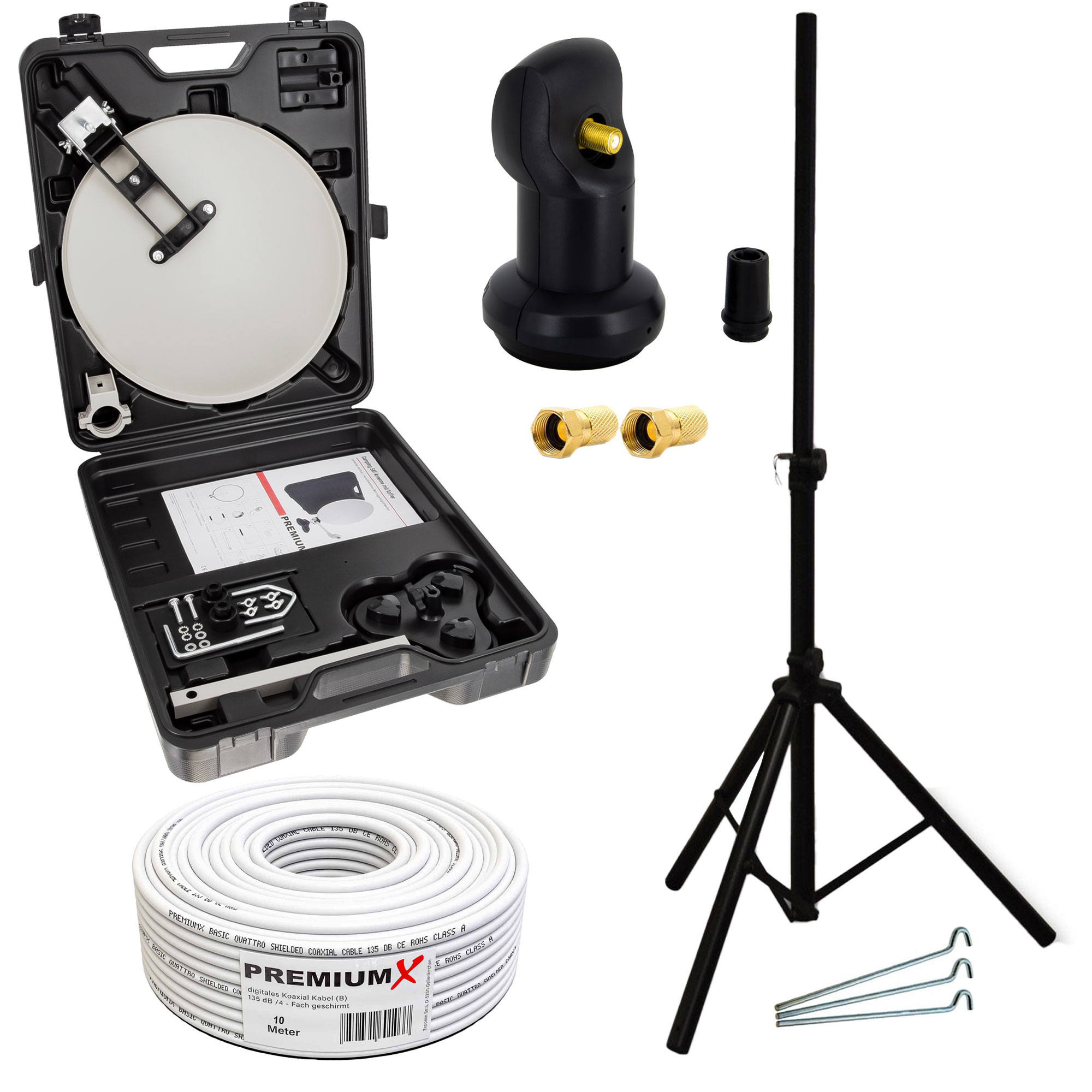 Satellitenschüssel-Kit mit Komponenten, auf weißem Hintergrund.