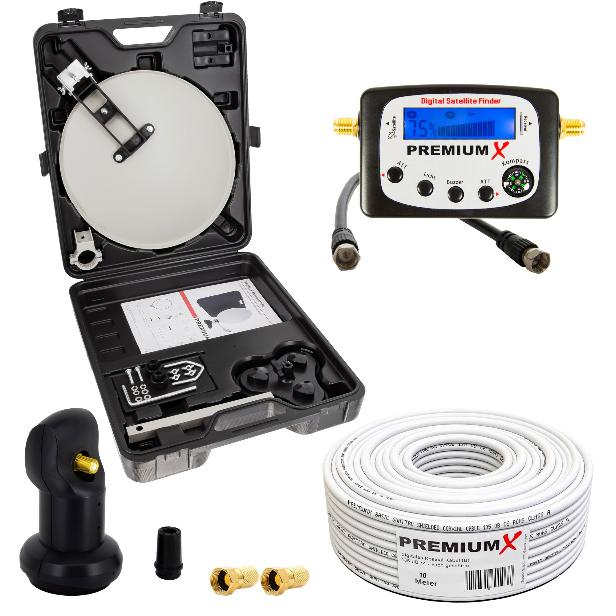 Satelliten-Antennen-Kit mit verschiedenen Komponenten, einschließlich Finder und Koaxialkabel.