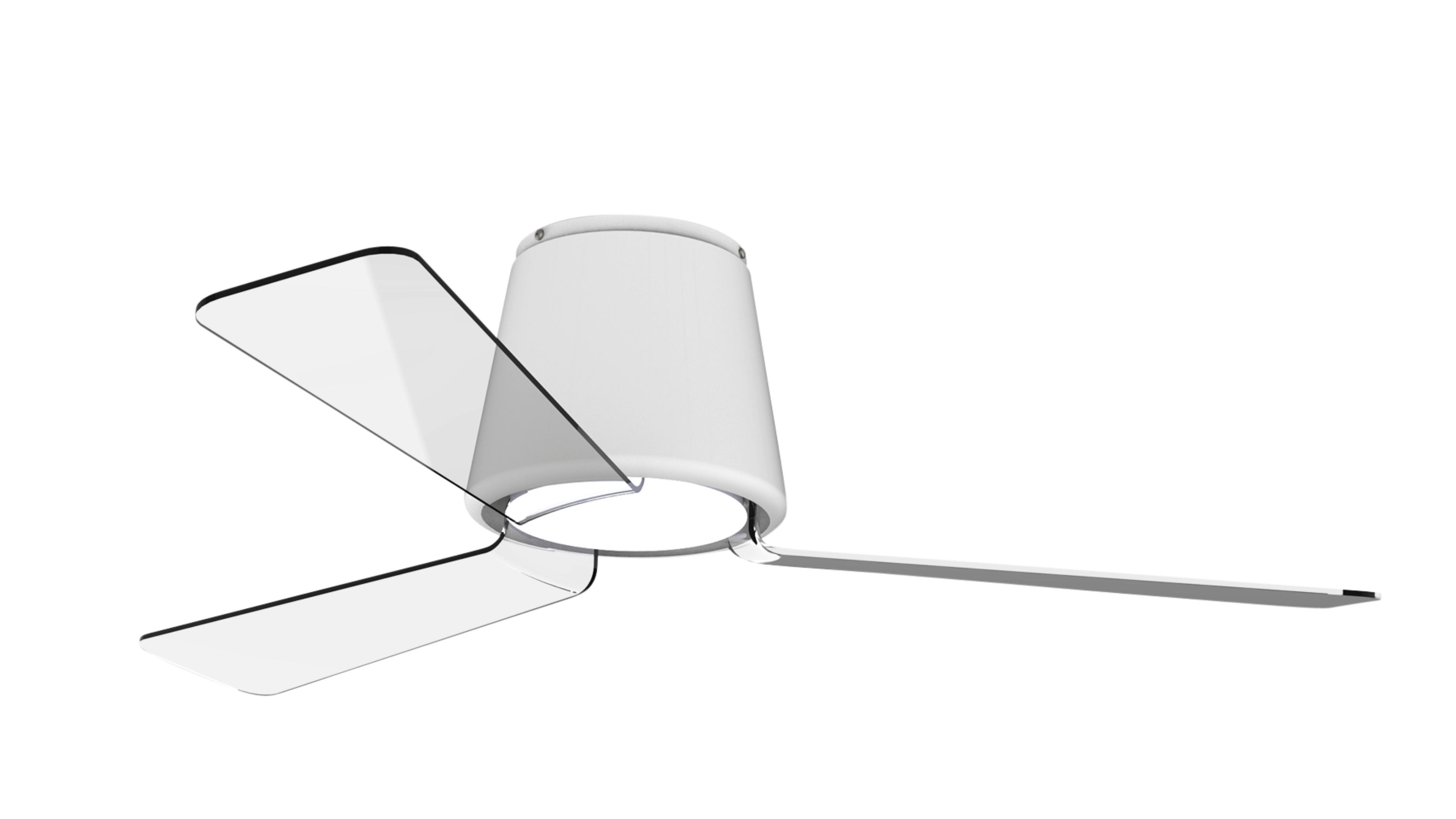 Ein weißer Deckenventilator mit drei transparenten Flügeln wird vor weißem Hintergrund angezeigt. Der Lüfter ist zentriert.