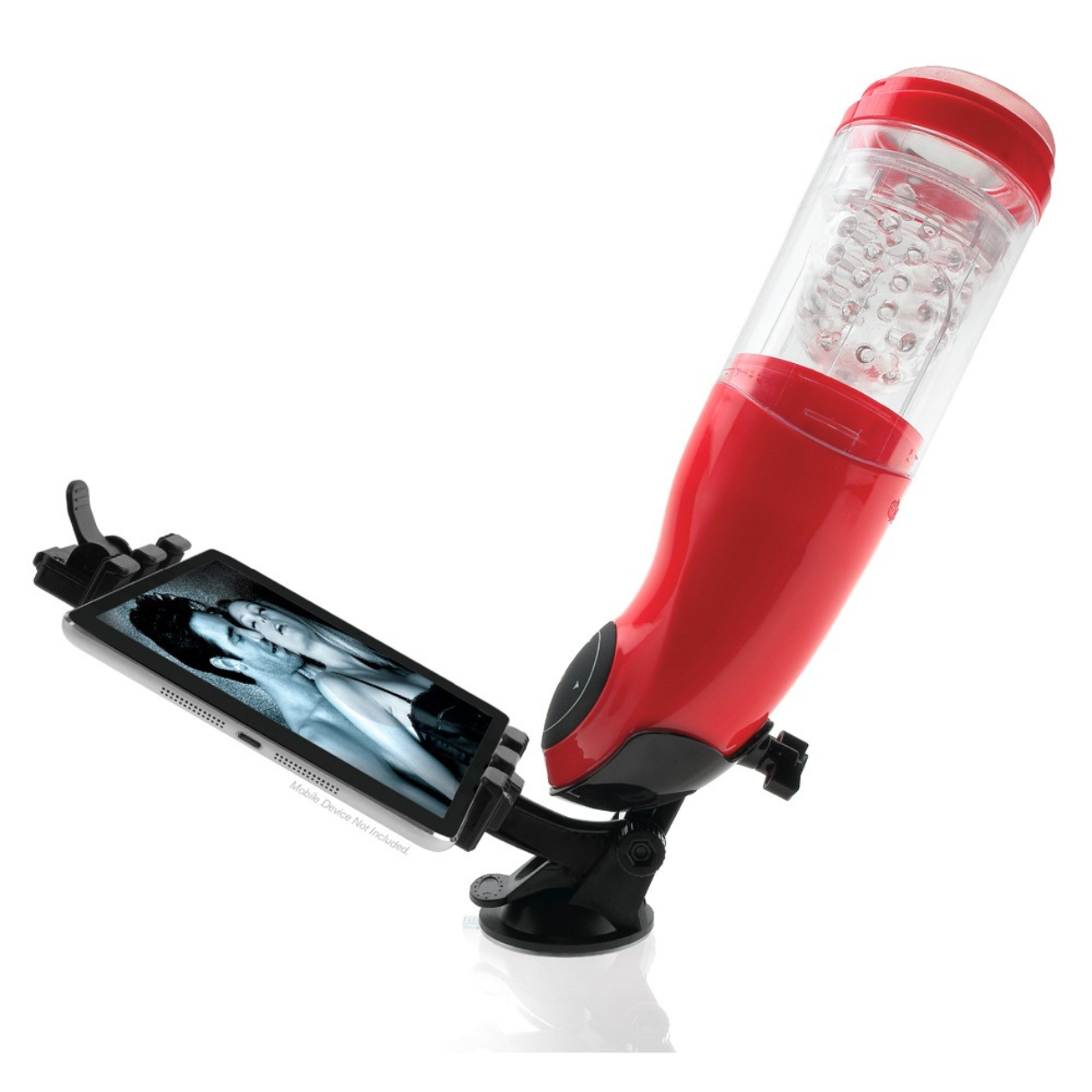 Juguete sexual rojo con inserto transparente y una tableta que muestra imágenes.
