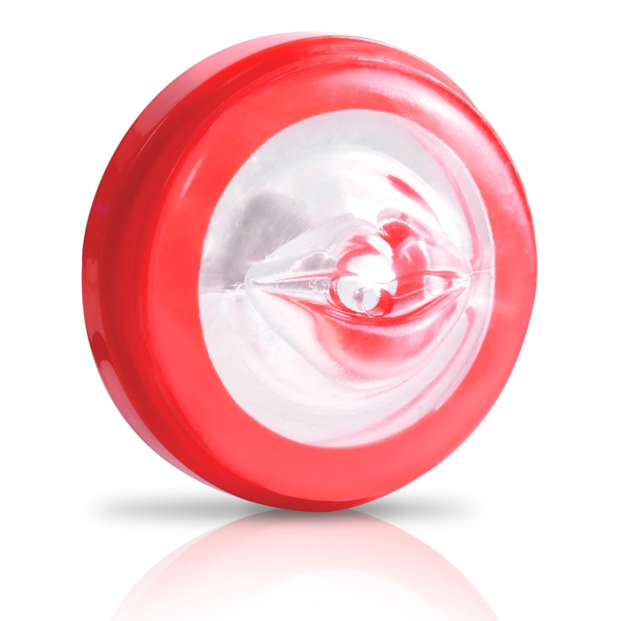 Dispositivo de plástico rojo y transparente. El interior tiene un diseño estampado. Fondo blanco con una sombra.