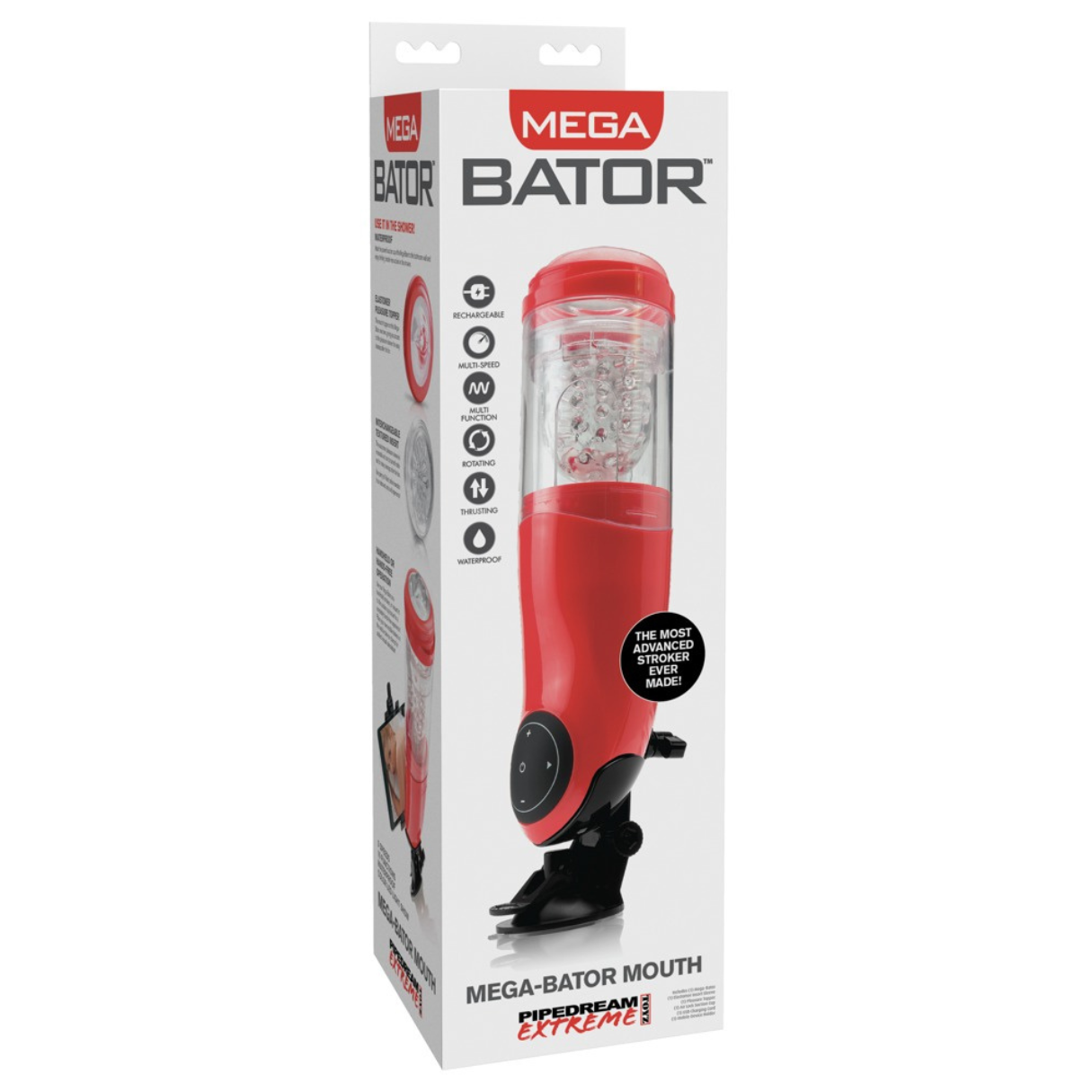 Un juguete sexual rojo y negro con una parte transparente, en su caja, con texto e imágenes.
