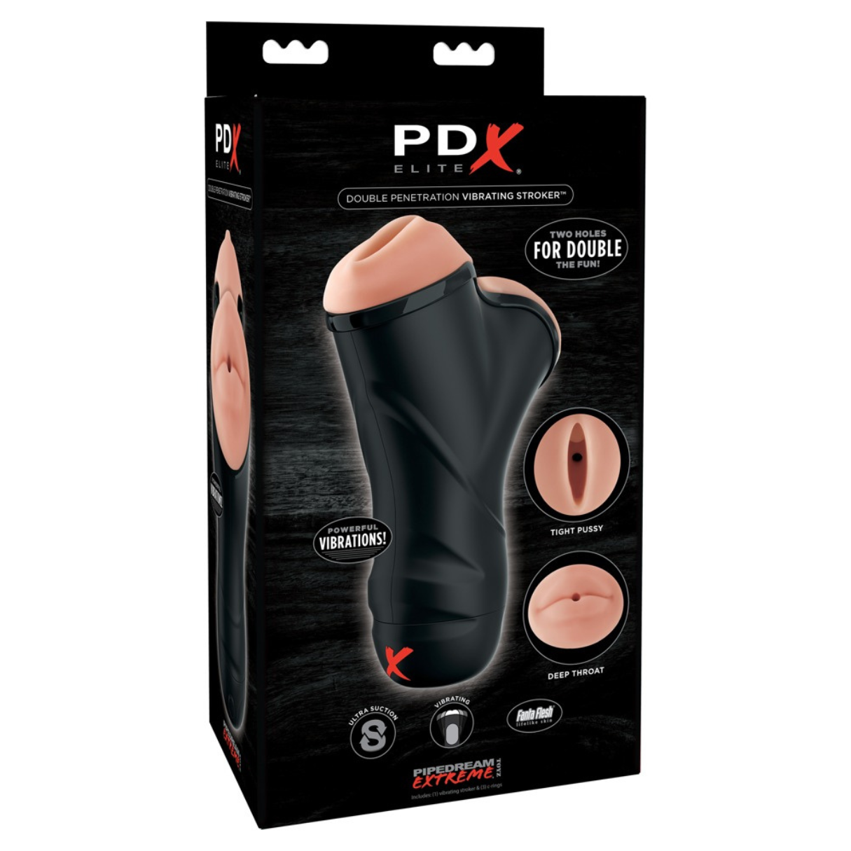 Caja negra con un juguete sexual. Tiene un inserto de color carne rosado. El texto incluye "Powerful Vibrations", "Double Penetration" y "Pipedream Extreme".