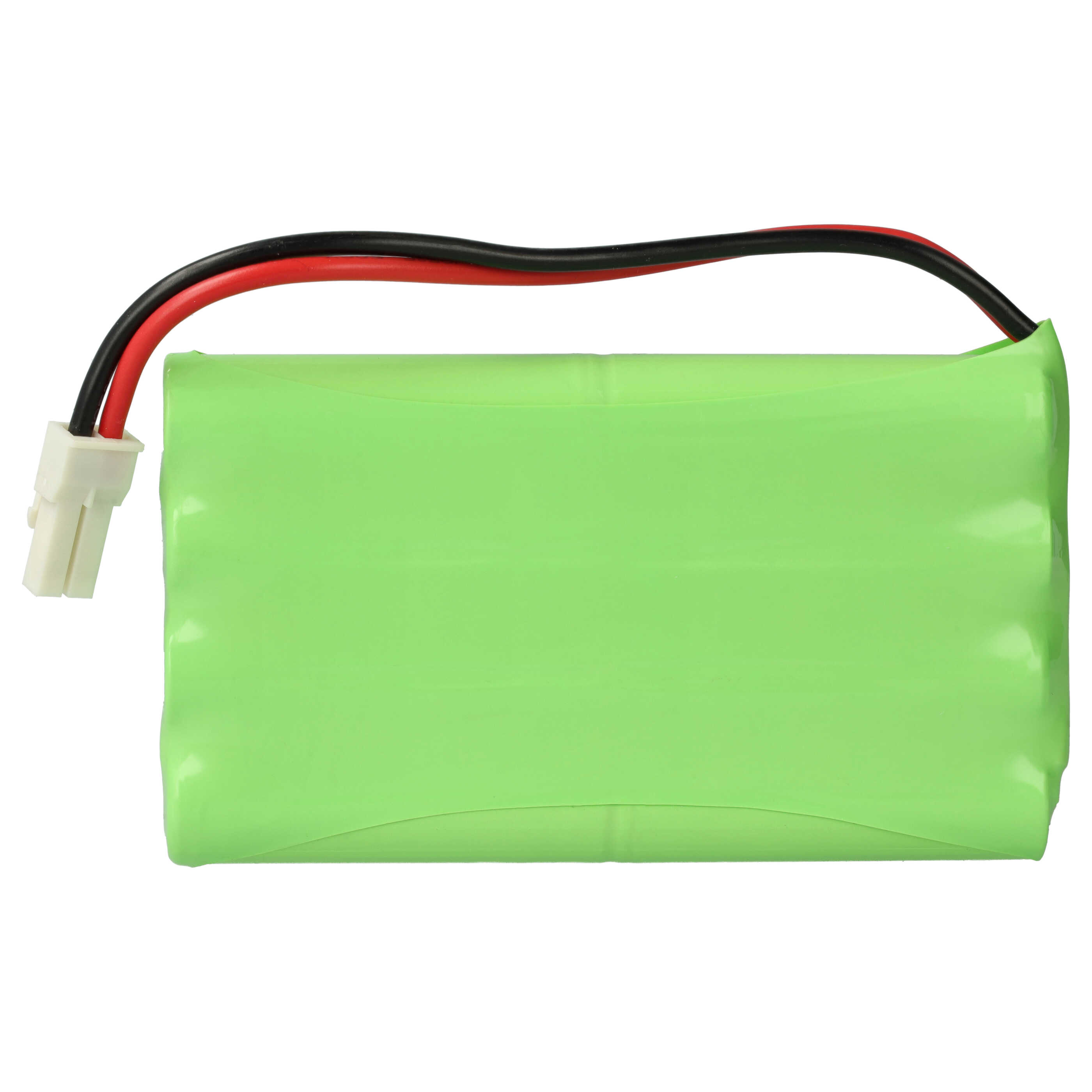 Eine grüne Batterie mit roten und schwarzen Drähten und einem weißen Stecker.