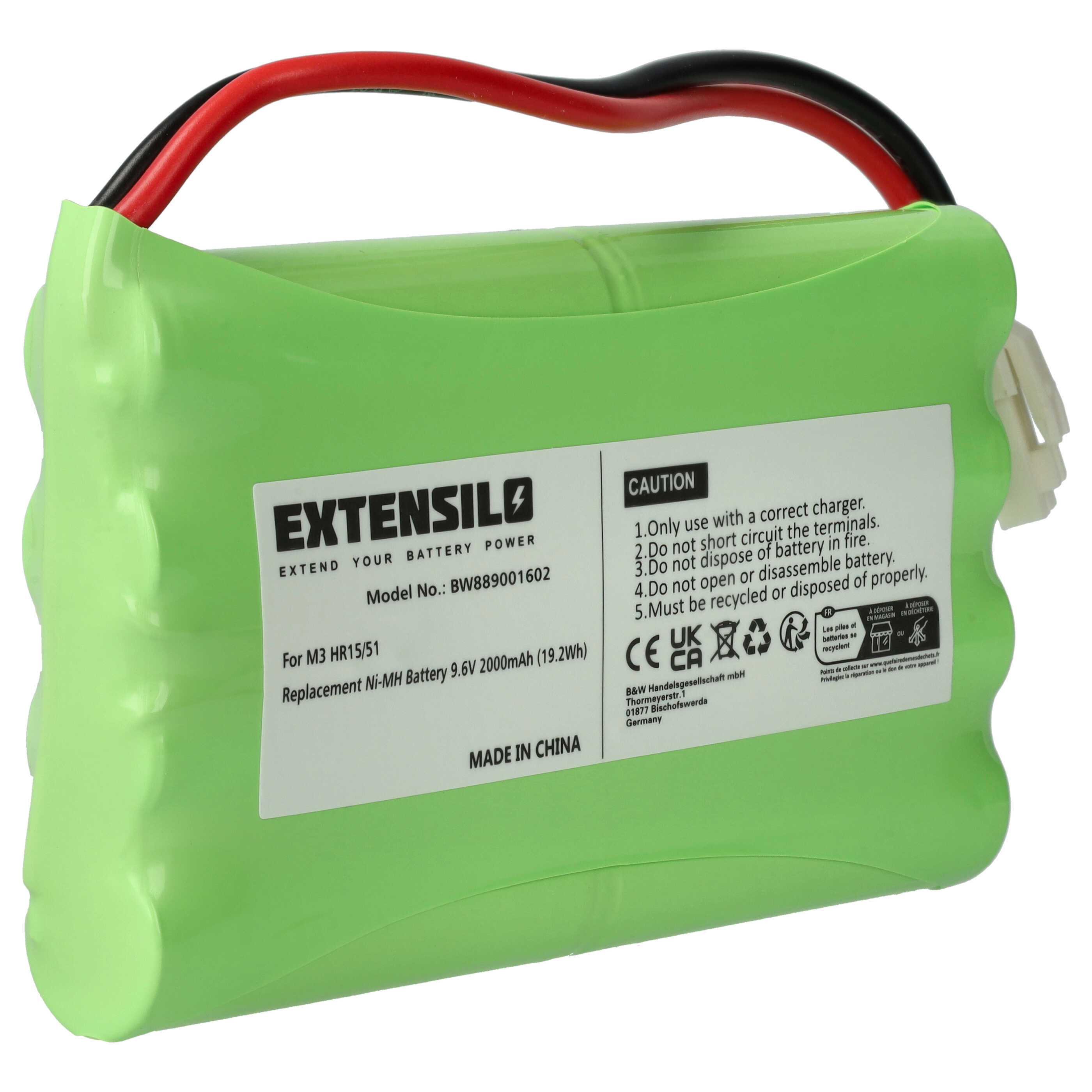 Grüne Batterie mit Vorsichtsetikett, rot/schwarzen Drähten und weißem Stecker.
