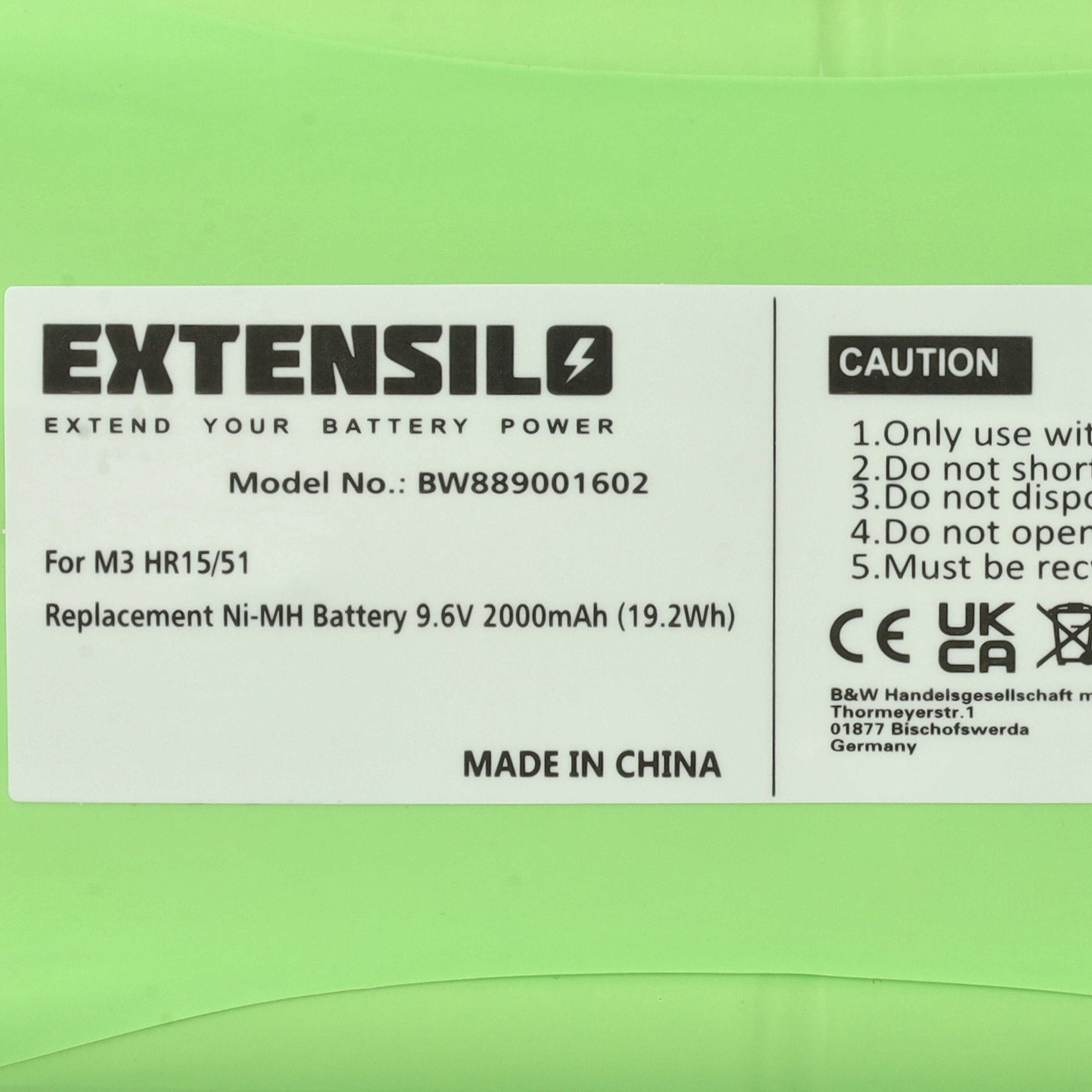 Grünes Batterieetikett. Text auf Englisch mit Warnungen und Spezifikationen. Hergestellt in China.