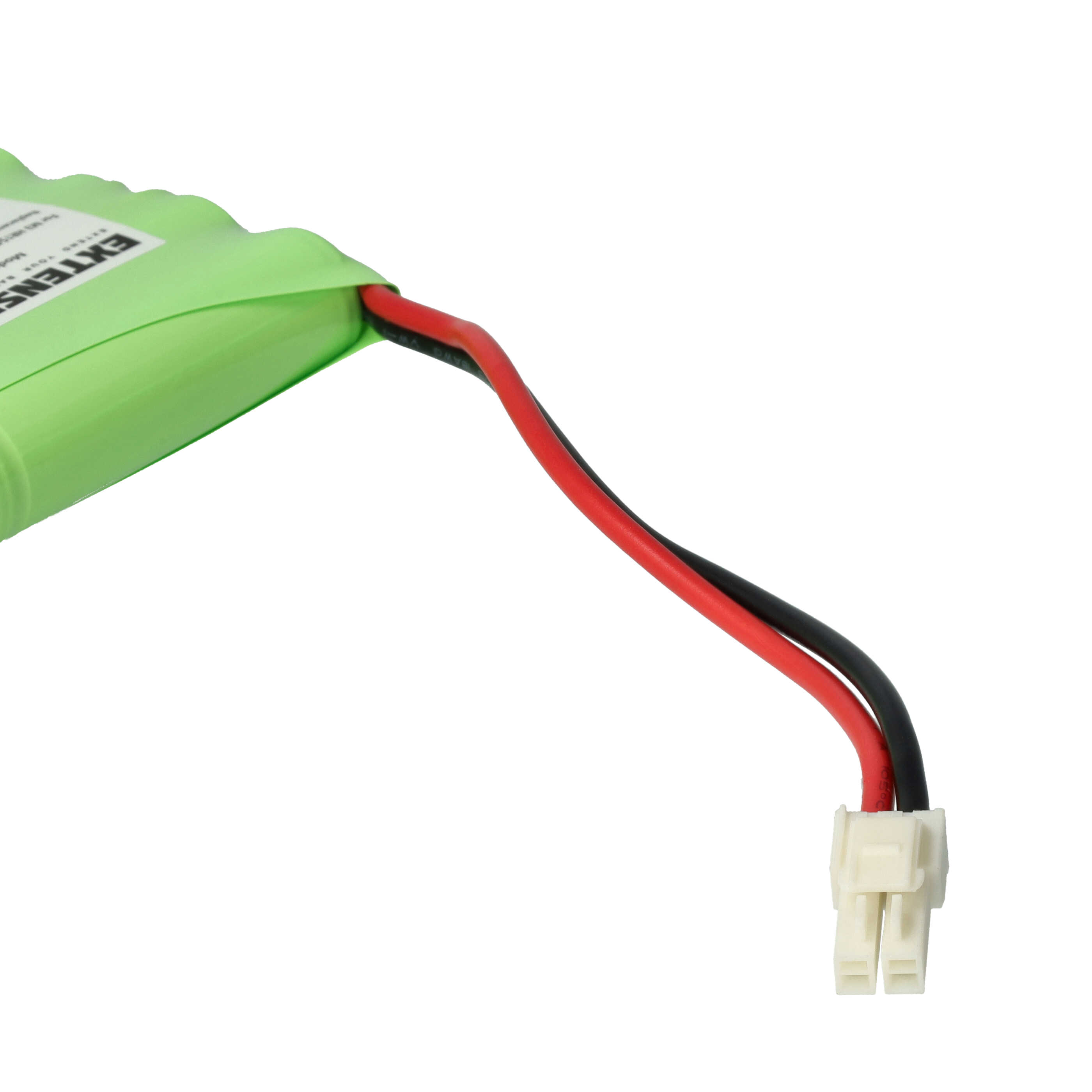 Ein grünes Akkupack mit roten und schwarzen Drähten und einem weißen Stecker.