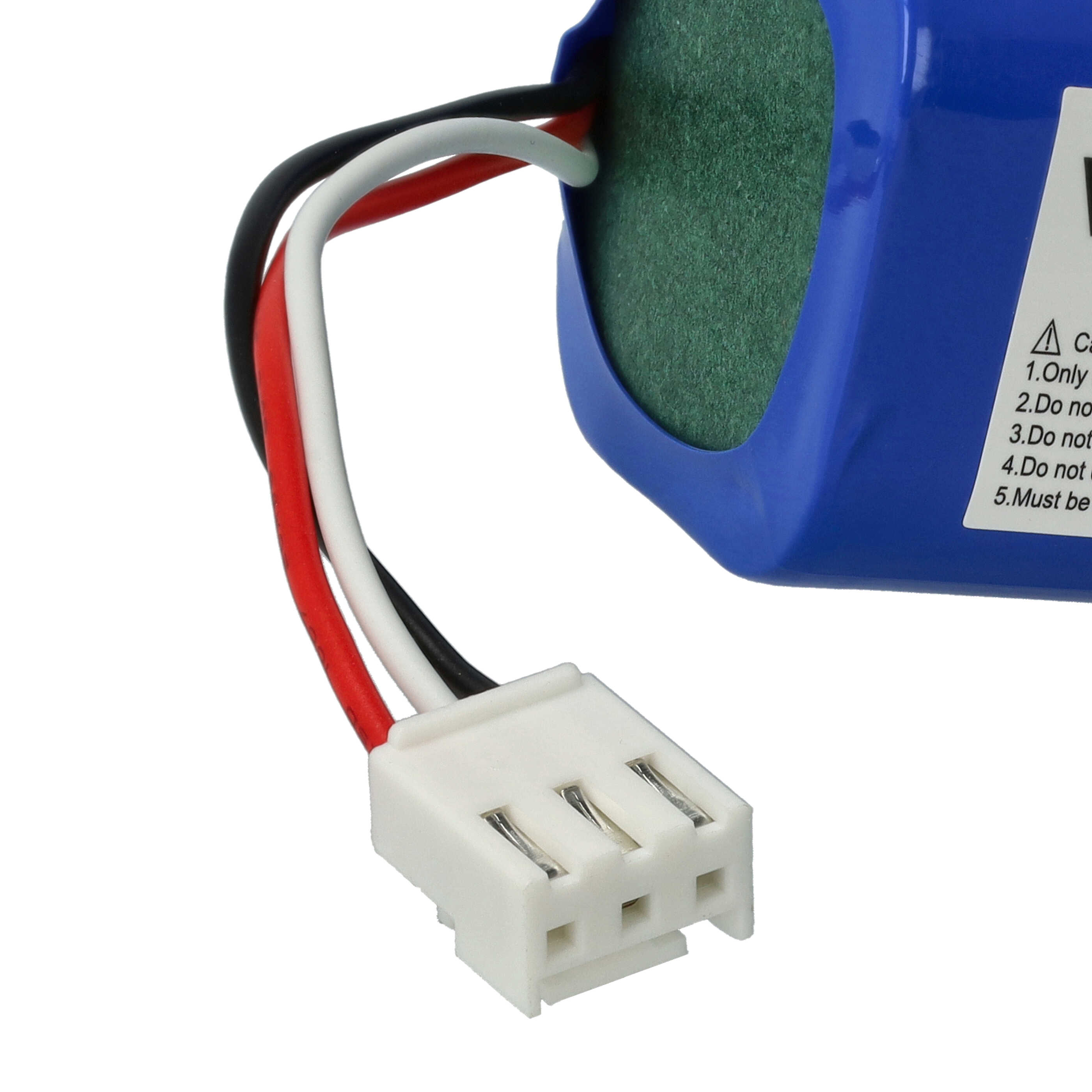 Nahaufnahme einer blauen Batterie mit drei Drähten und einem weißen Stecker.
