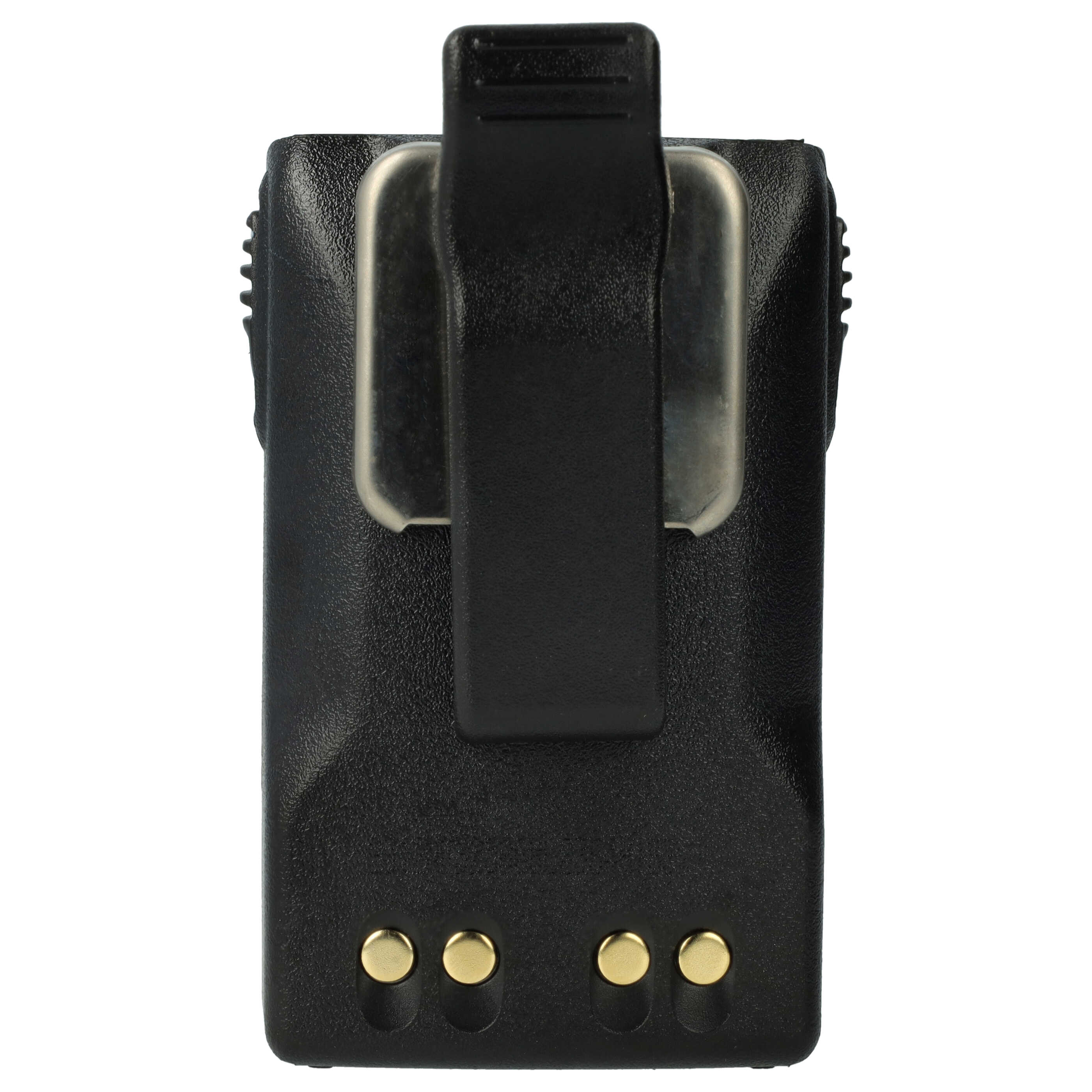 Schwarzes Akkupack mit Gürtelclip und drei goldfarbenen Kontakten.
