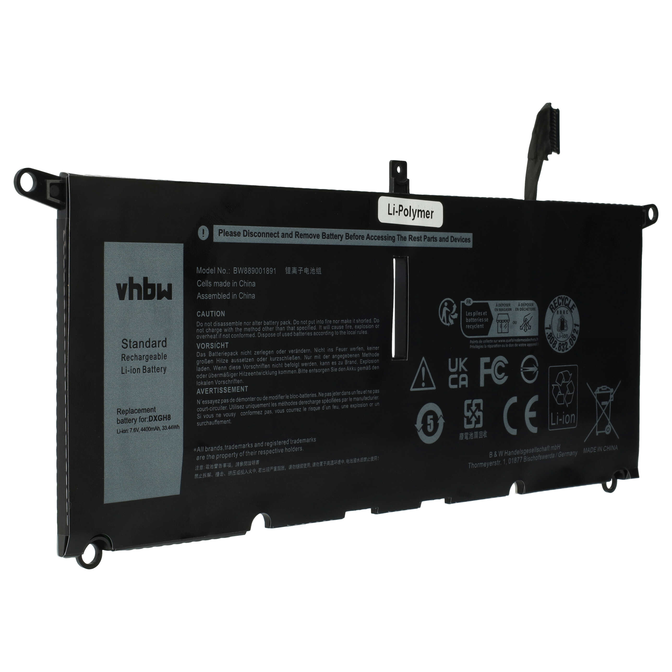 Eine schwarze Laptop-Batterie mit weißem Text und einem Anschluss. Hat einen silbernen Aufkleber.