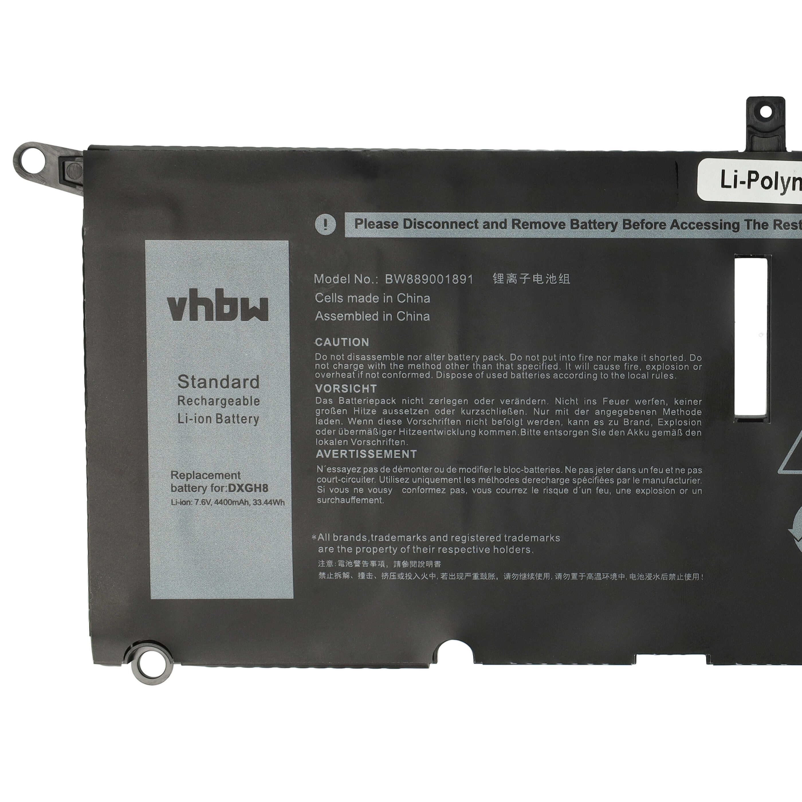 Batterie mit Text und Warnhinweisen. Weißer Hintergrund. Vorsicht in mehreren Sprachen.
