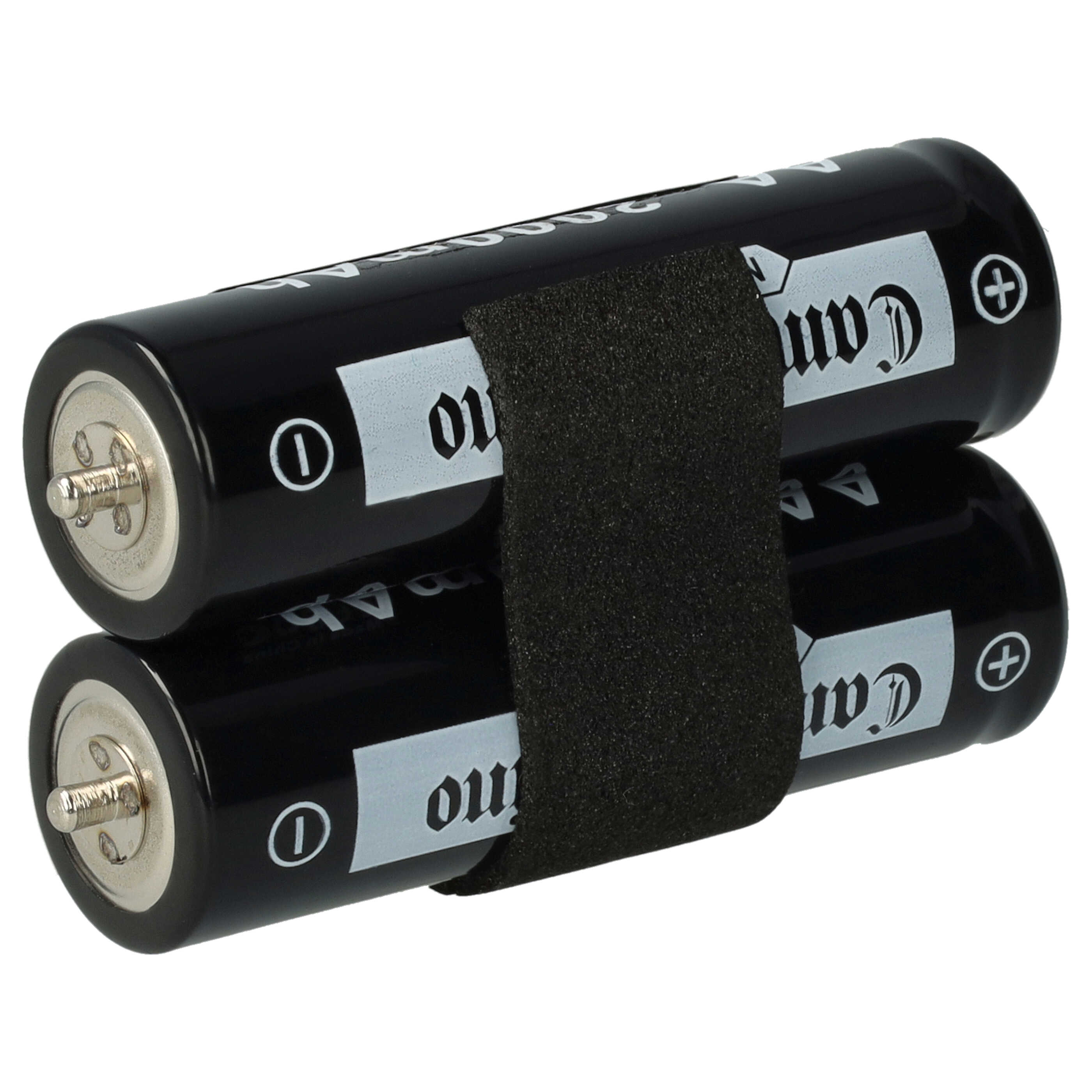 Zwei schwarze Batterien mit weißem Text, zusammengehalten von einem schwarzen Riemen.