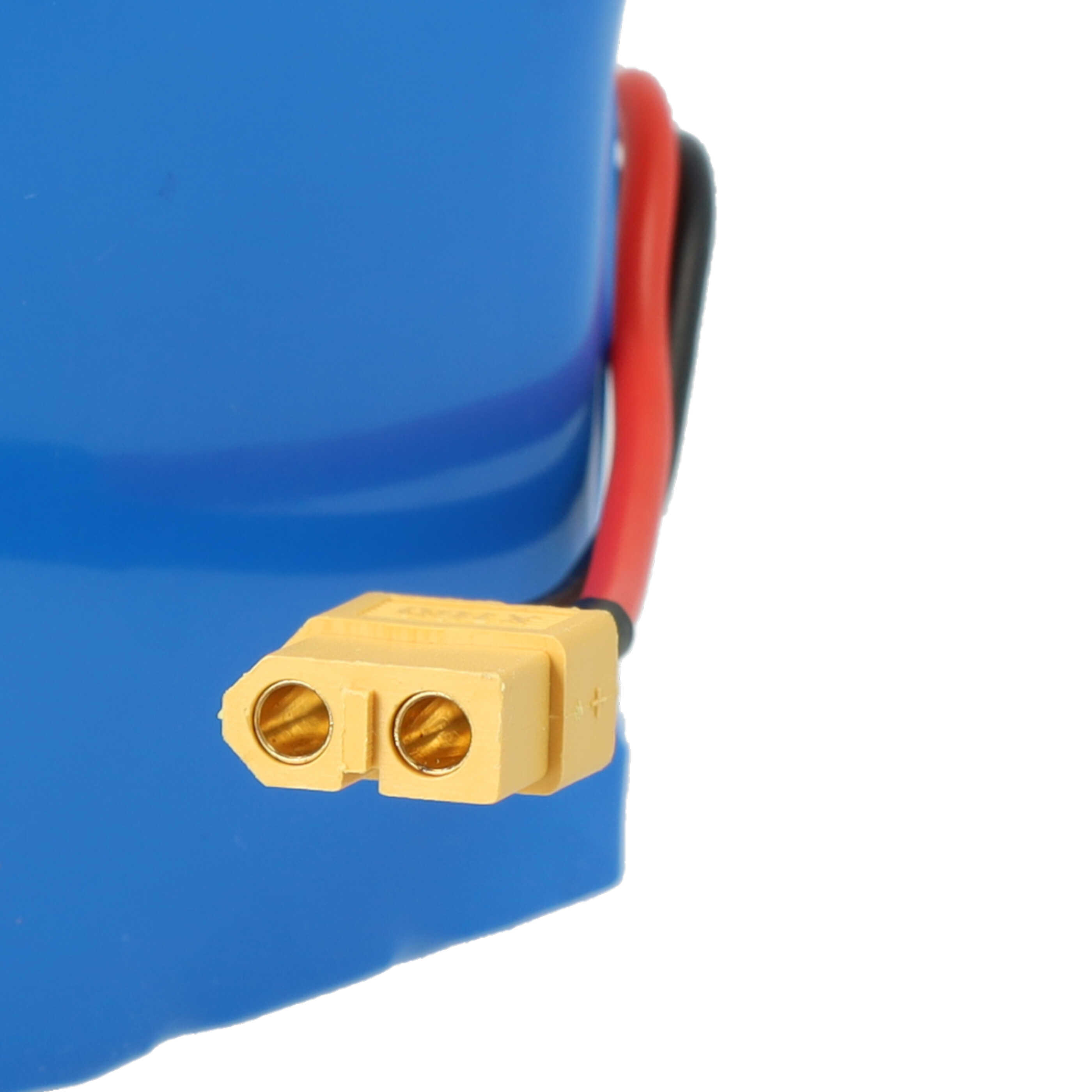Blaue Batterie mit roten und schwarzen Drähten, verbunden mit gelbem Stecker.
