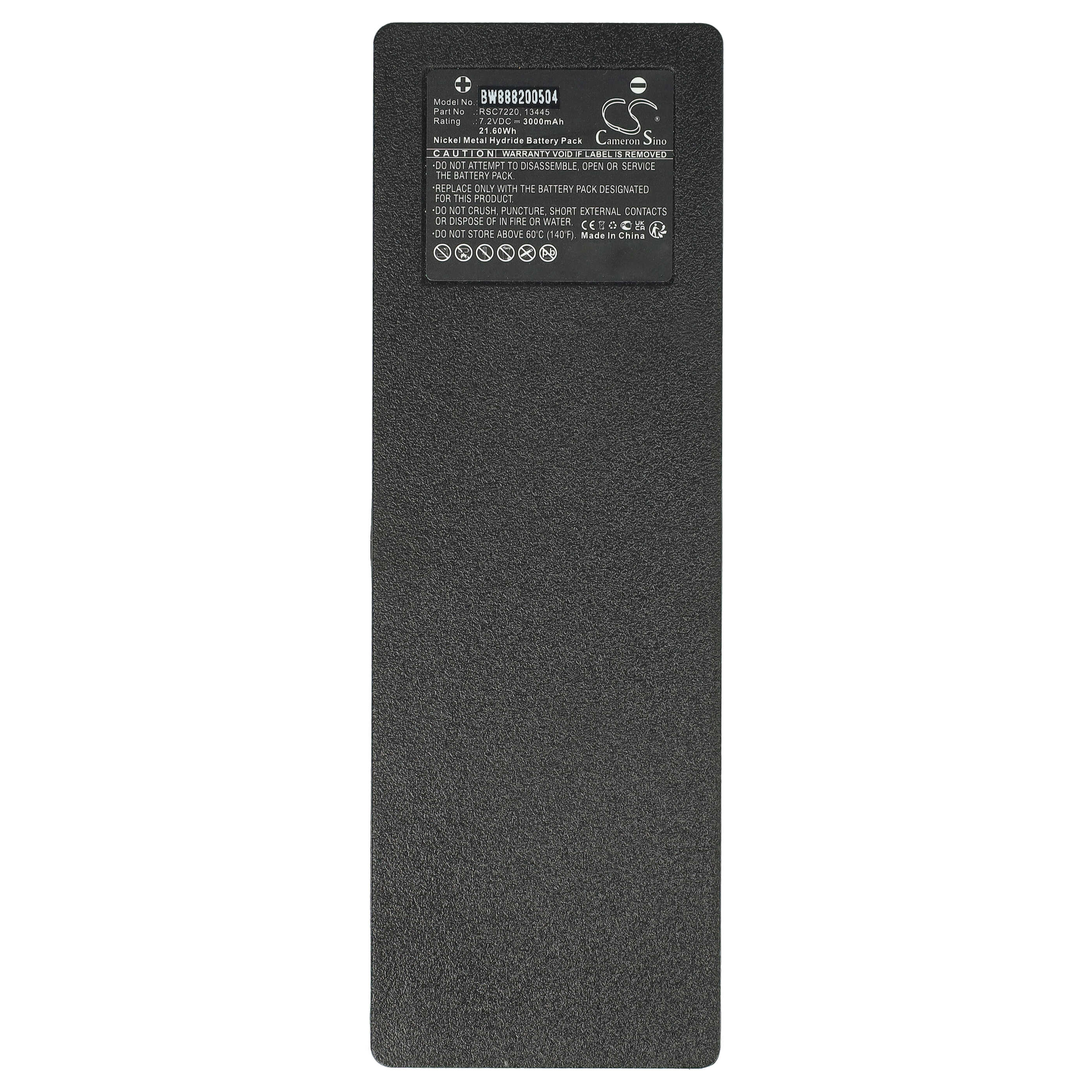 Schwarzes rechteckiges Gerät mit Text. Enthält Batterieinformationen, Seriennummern und Sicherheitshinweise.