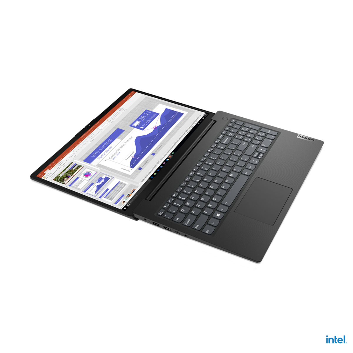 Laptop mit geöffnetem Bildschirm, Präsentation, Tastatur sichtbar.