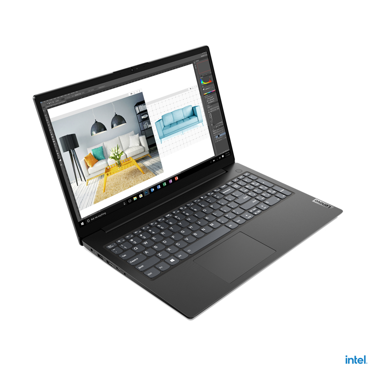 Ein schwarzer Laptop ist auf weißem Hintergrund geöffnet und zeigt eine Design-Software-Oberfläche an.