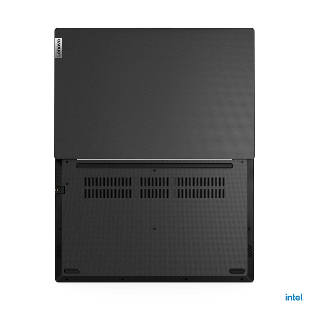 Laptop Lenovo nero, vista dall'alto, aperto. Coperchio strutturato. Logo Intel in basso a destra.