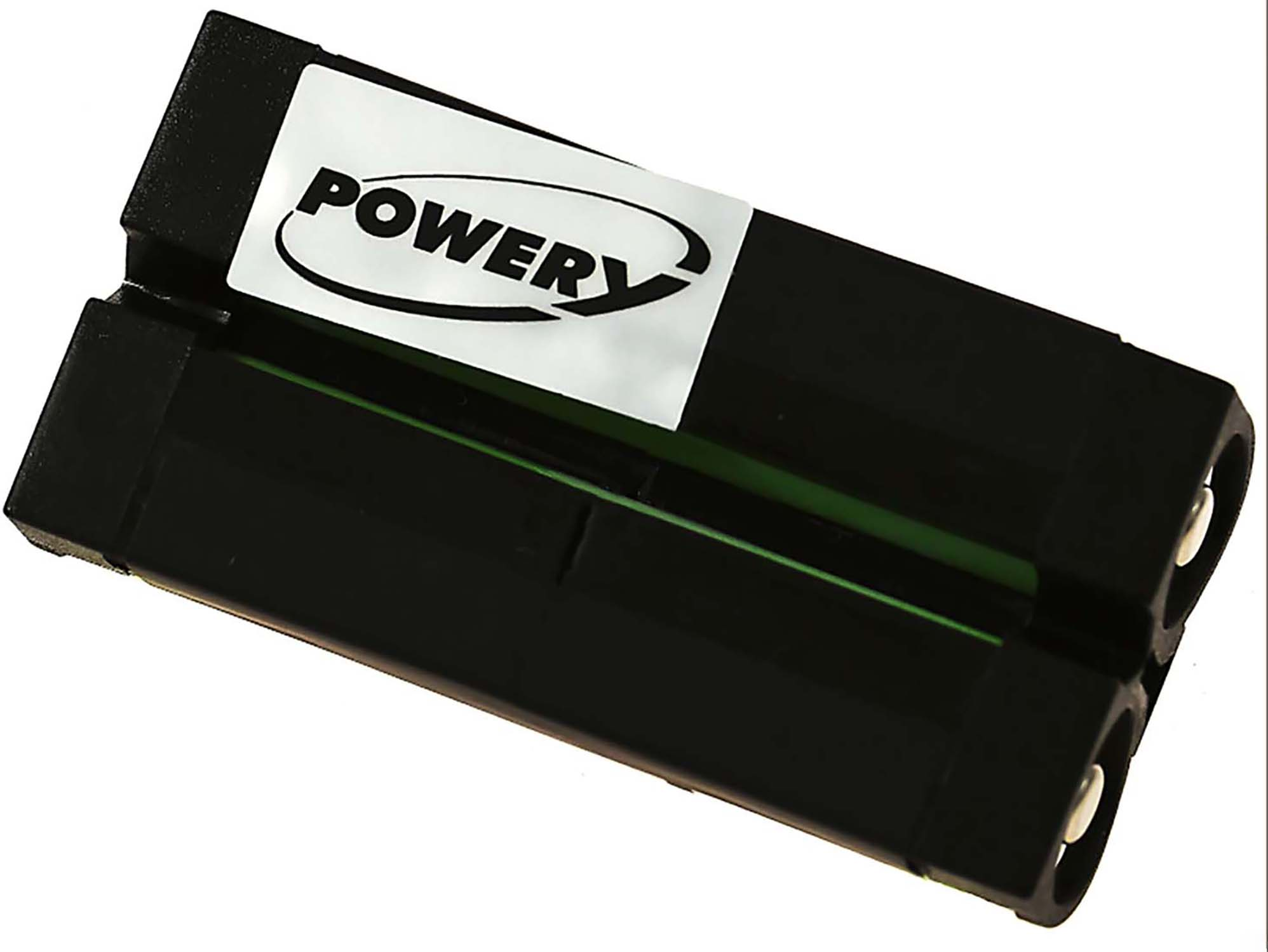 Schwarzes Akkupack mit weißem Etikett mit der Aufschrift 'POWERY'. Es hat zwei rechteckige Batteriefächer.